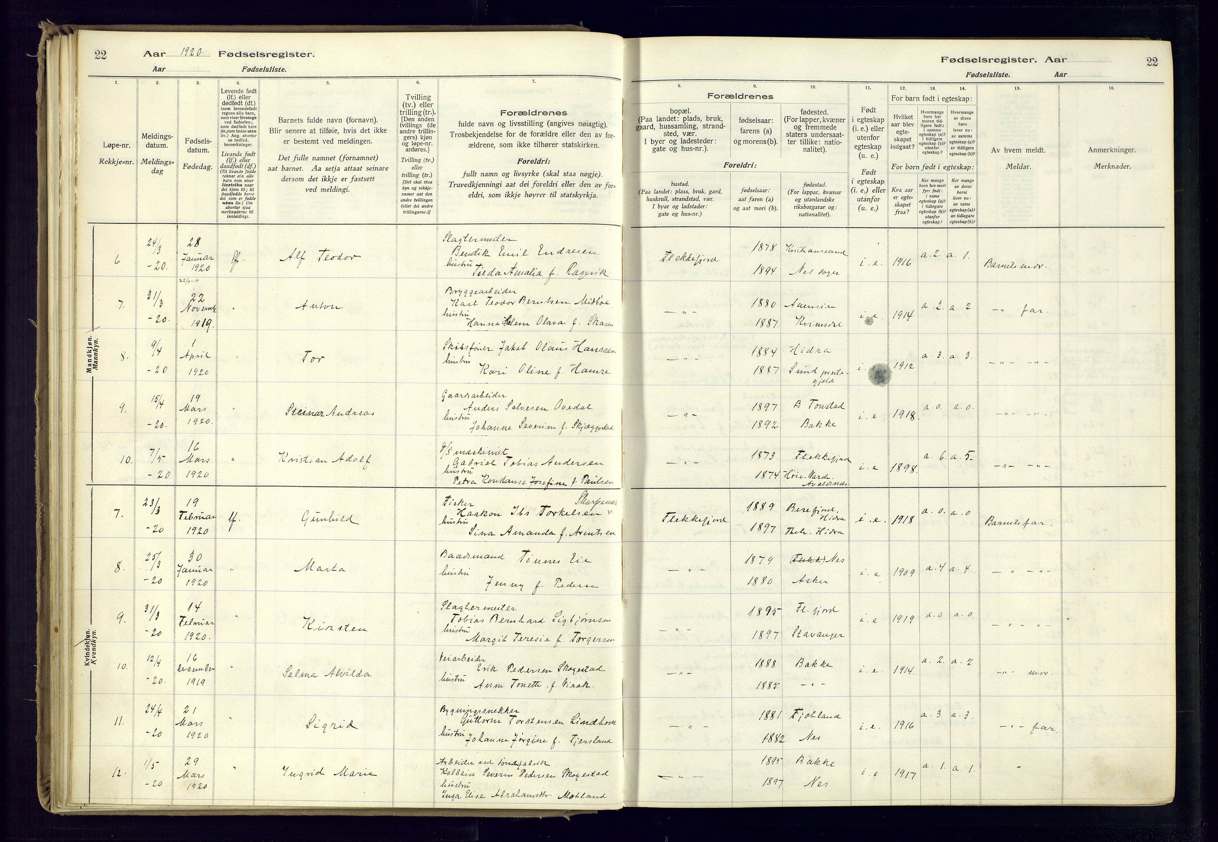 Flekkefjord sokneprestkontor, SAK/1111-0012/J/Ja/L0001: Birth register no. 1, 1916-1948, p. 22