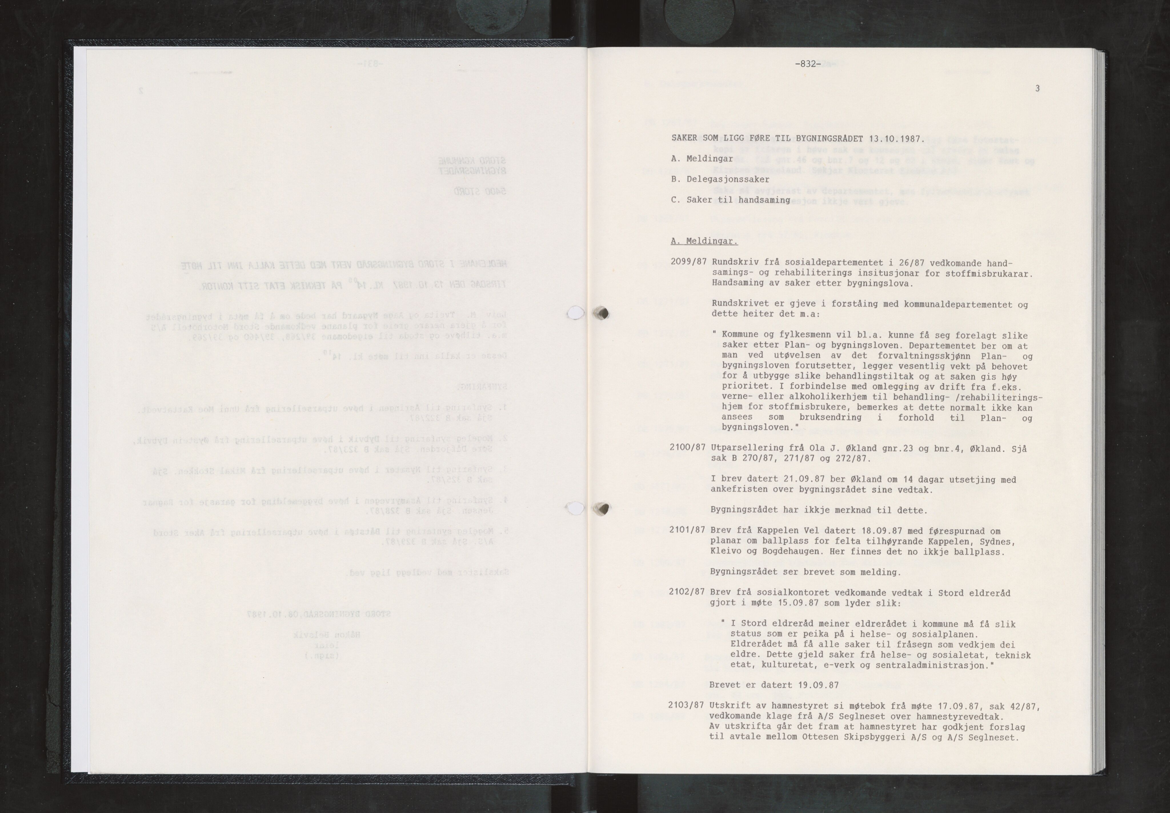 Stord kommune. Bygningsrådet, IKAH/1221-511/A/Aa/L0058: Møtebok for Stord bygningsråd, 1987