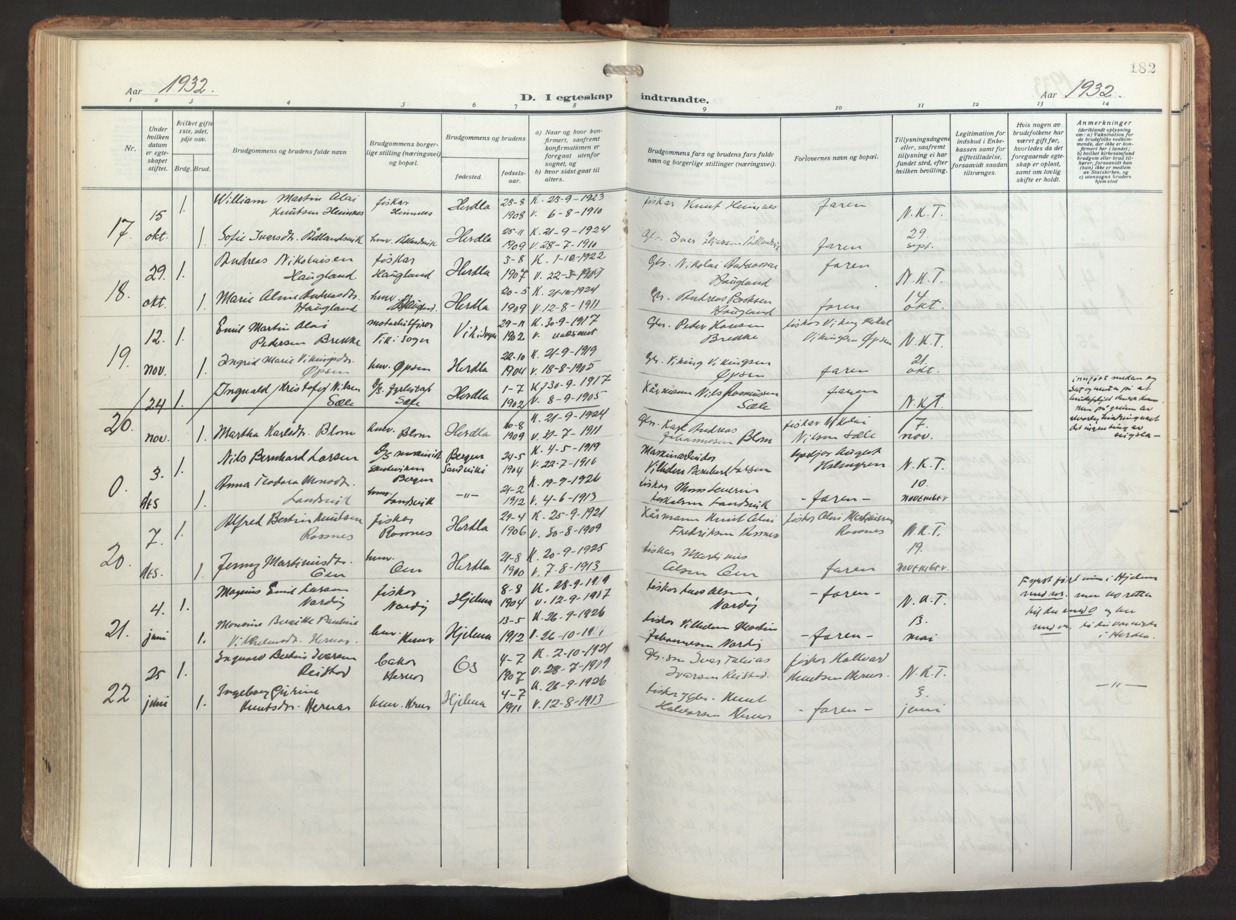 Herdla Sokneprestembete, SAB/A-75701/H/Haa: Parish register (official) no. A 6, 1918-1933, p. 182