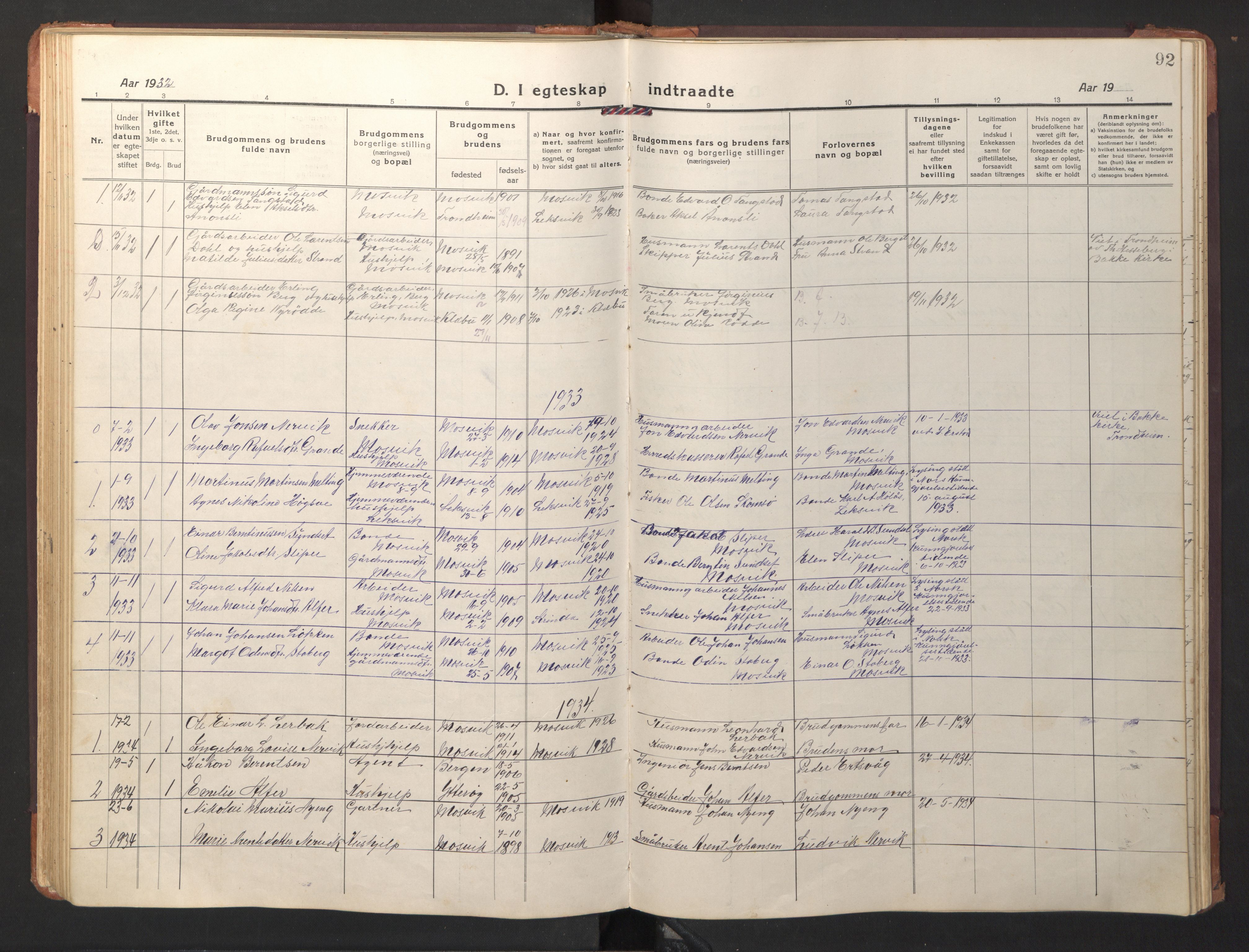 Ministerialprotokoller, klokkerbøker og fødselsregistre - Nord-Trøndelag, SAT/A-1458/733/L0328: Parish register (copy) no. 733C03, 1919-1966, p. 92