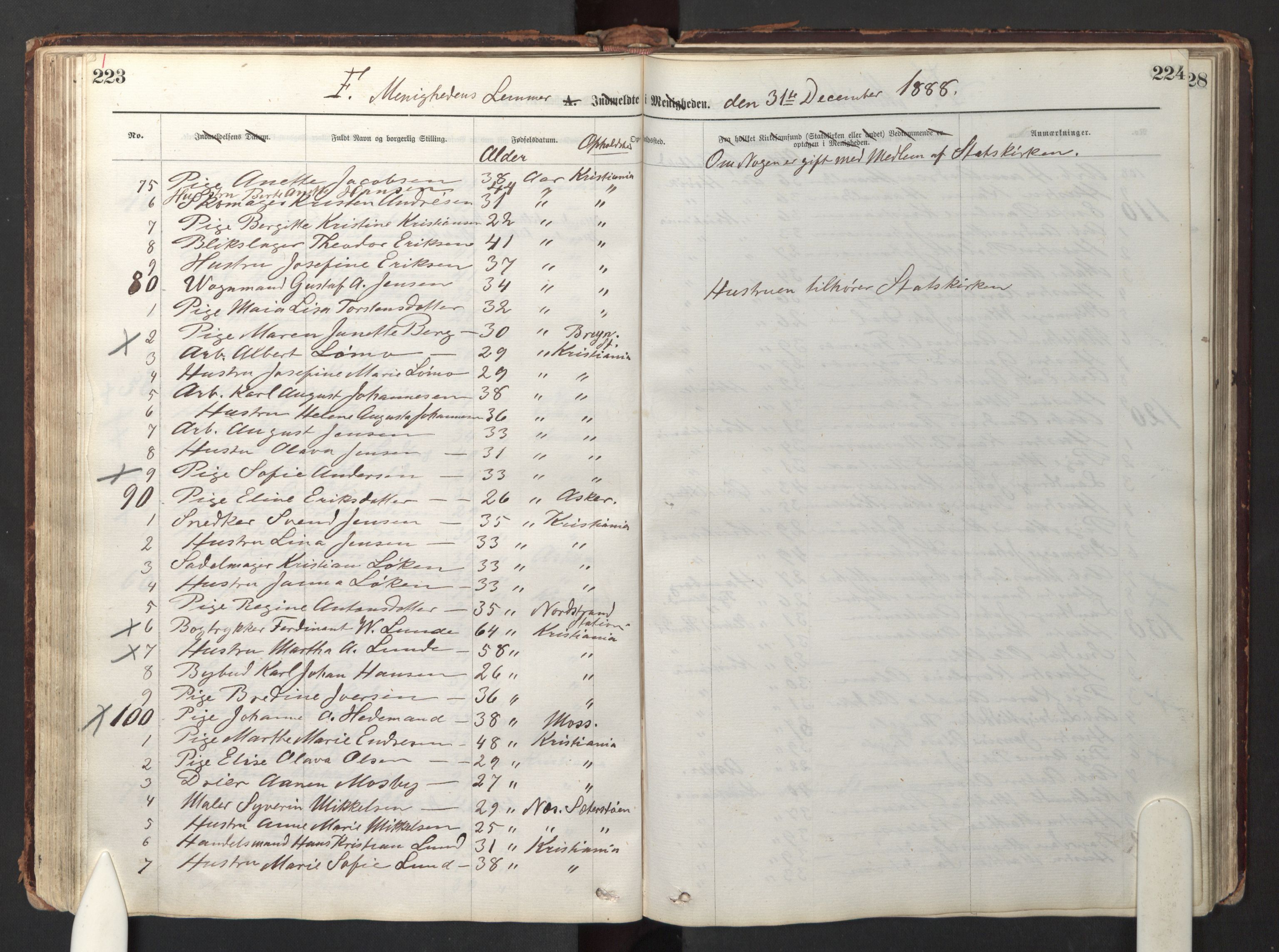 Den evangelisk-lutherske frikirke østre menighet, Oslo, AV/SAO-PAO-0245/F/L0001: Dissenter register no. 1, 1878-1892, p. 223-224