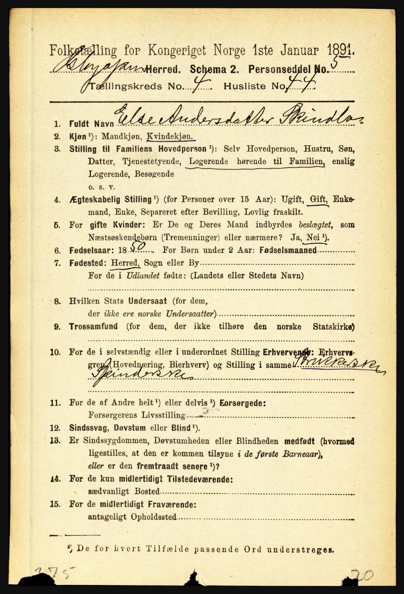 RA, 1891 census for 1445 Gloppen, 1891, p. 2030