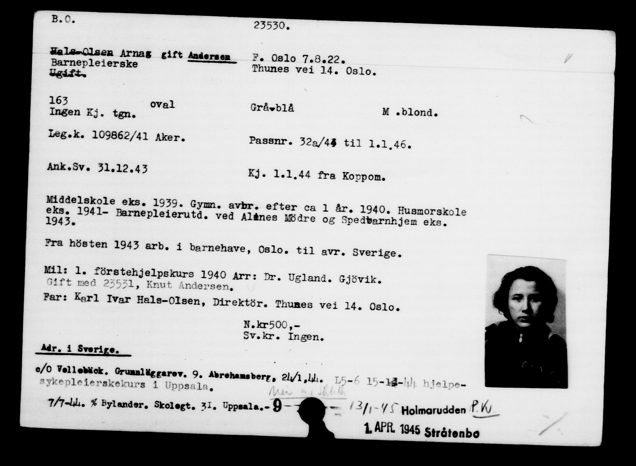 Den Kgl. Norske Legasjons Flyktningskontor, RA/S-6753/V/Va/L0010: Kjesäterkartoteket.  Flyktningenr. 22000-25314, 1940-1945, p. 1626