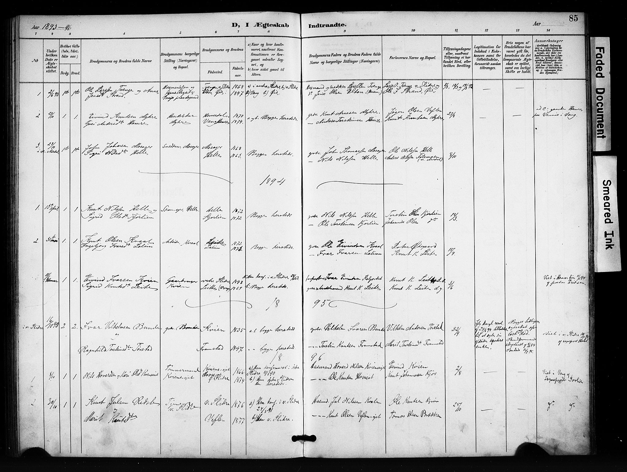 Vang prestekontor, Valdres, SAH/PREST-140/H/Hb/L0007: Parish register (copy) no. 7, 1893-1924, p. 85