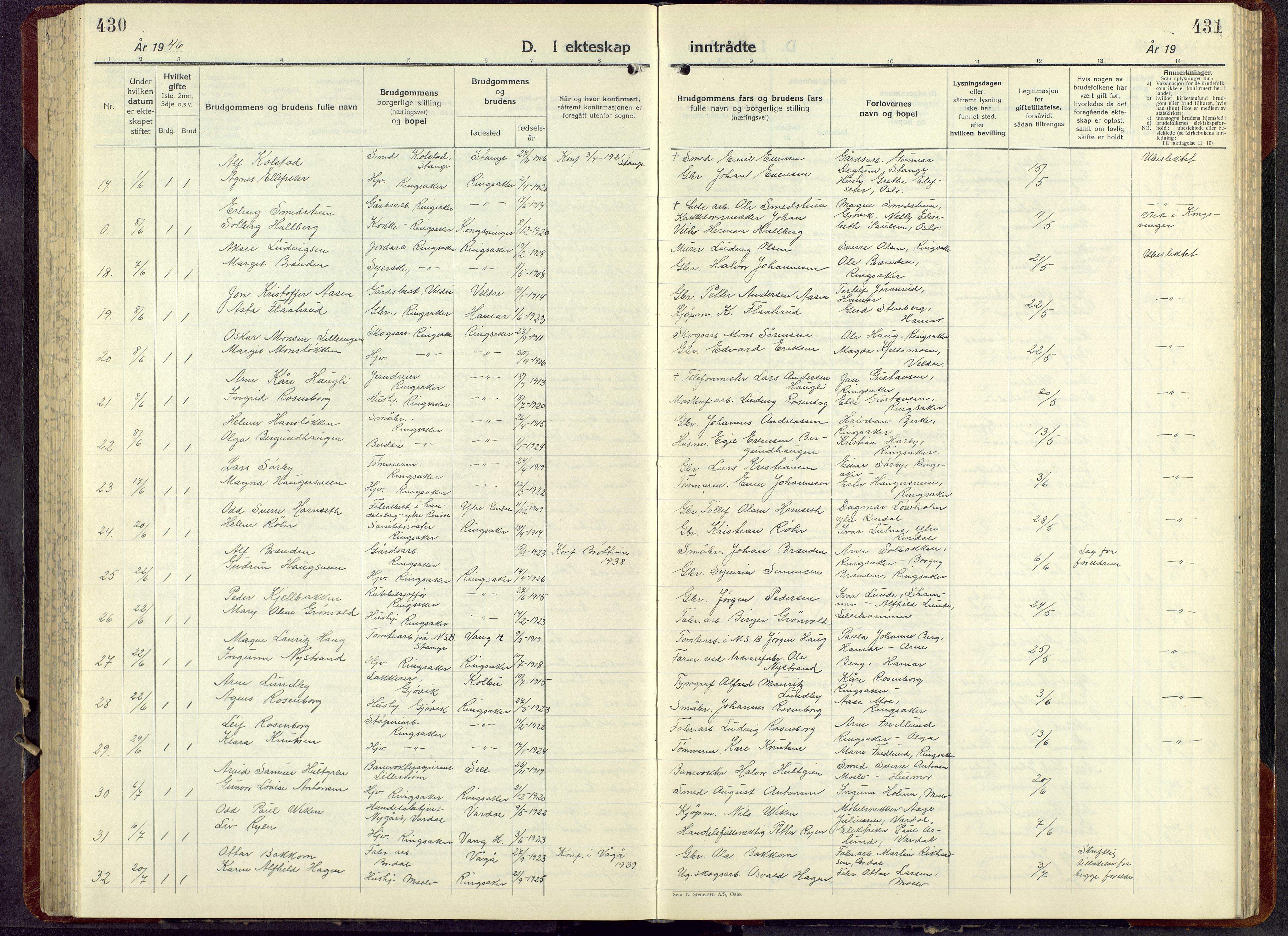 Ringsaker prestekontor, AV/SAH-PREST-014/L/La/L0021: Parish register (copy) no. 21, 1947-1956, p. 431