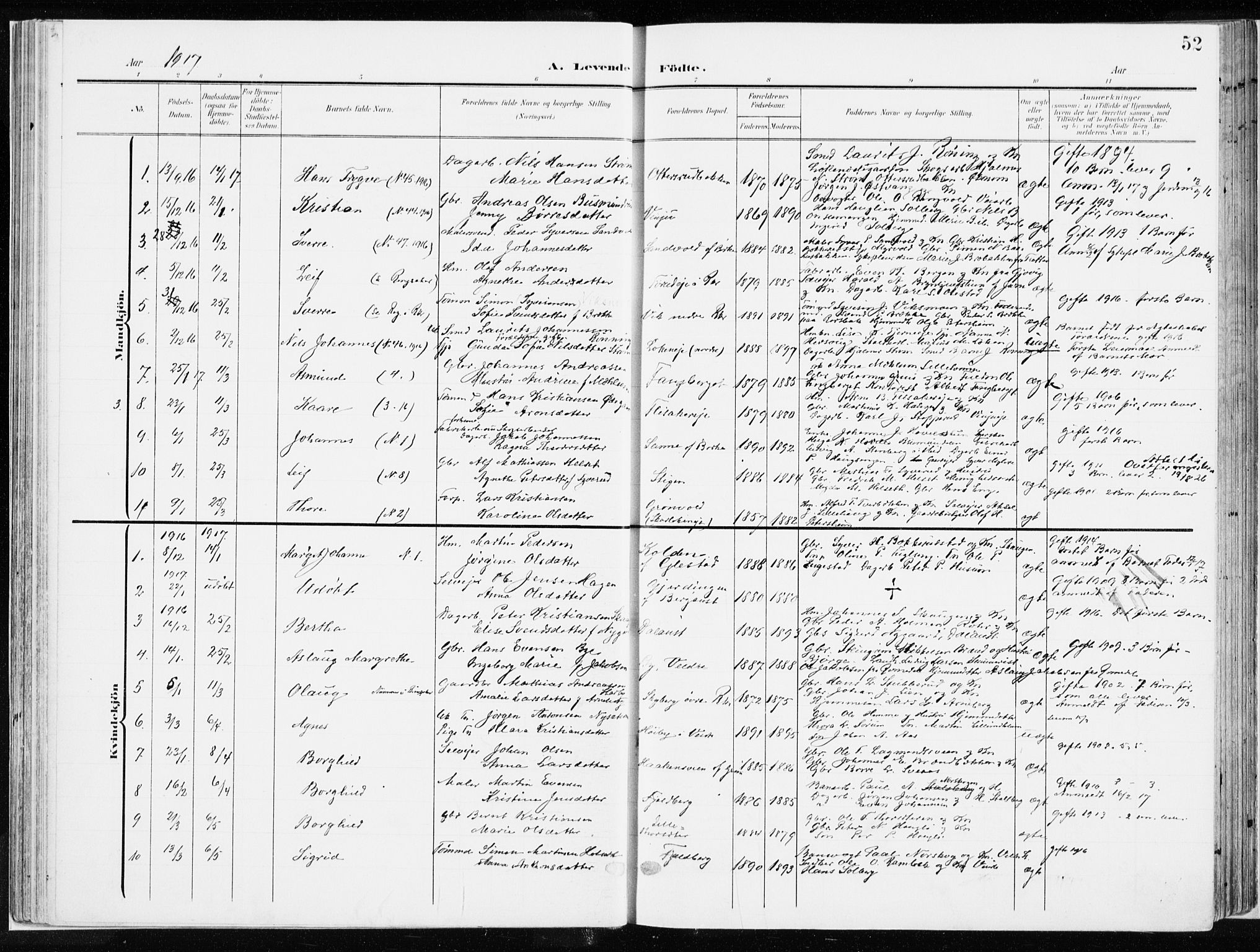 Ringsaker prestekontor, AV/SAH-PREST-014/K/Ka/L0019: Parish register (official) no. 19, 1905-1920, p. 52