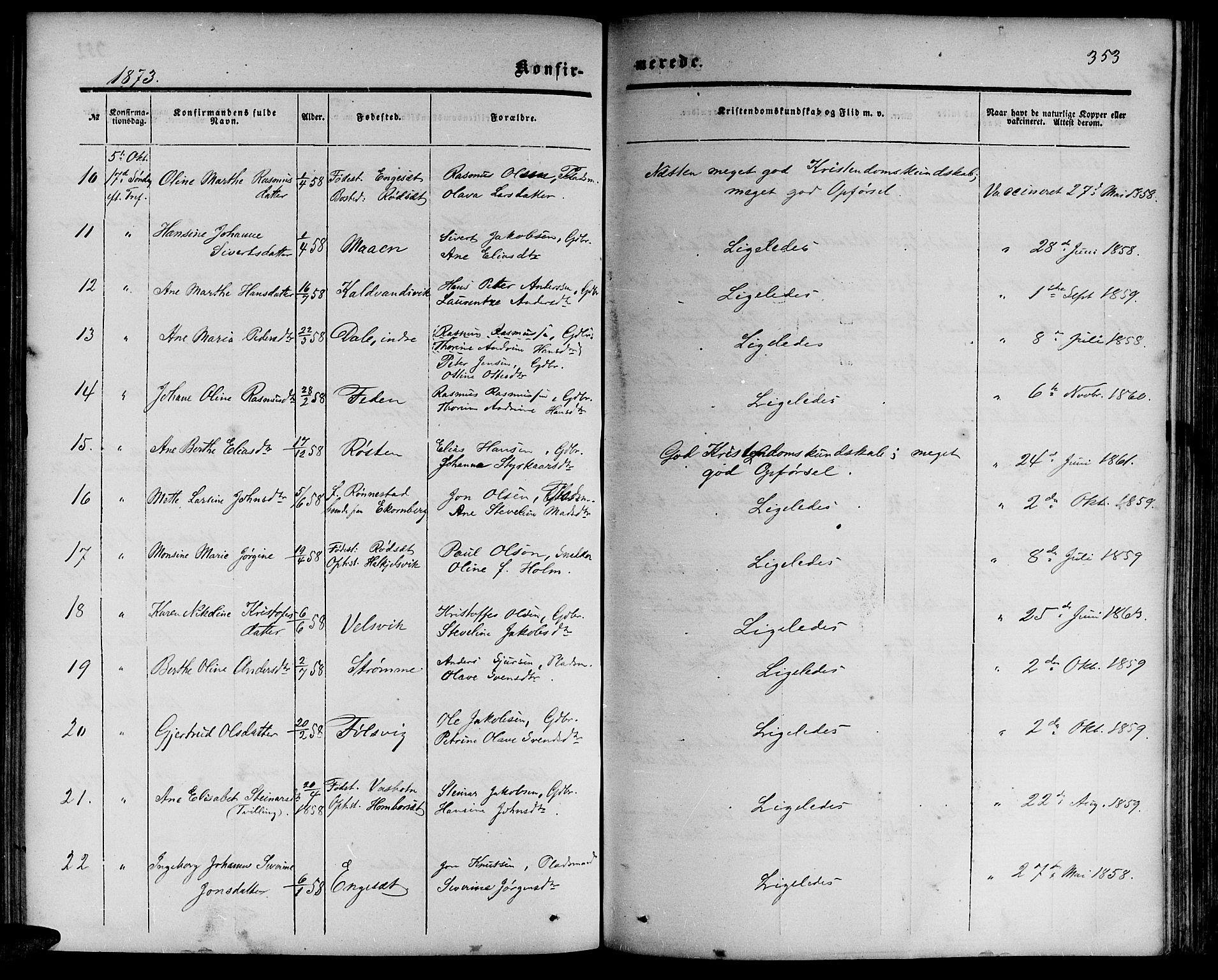 Ministerialprotokoller, klokkerbøker og fødselsregistre - Møre og Romsdal, AV/SAT-A-1454/511/L0157: Parish register (copy) no. 511C03, 1864-1884, p. 353