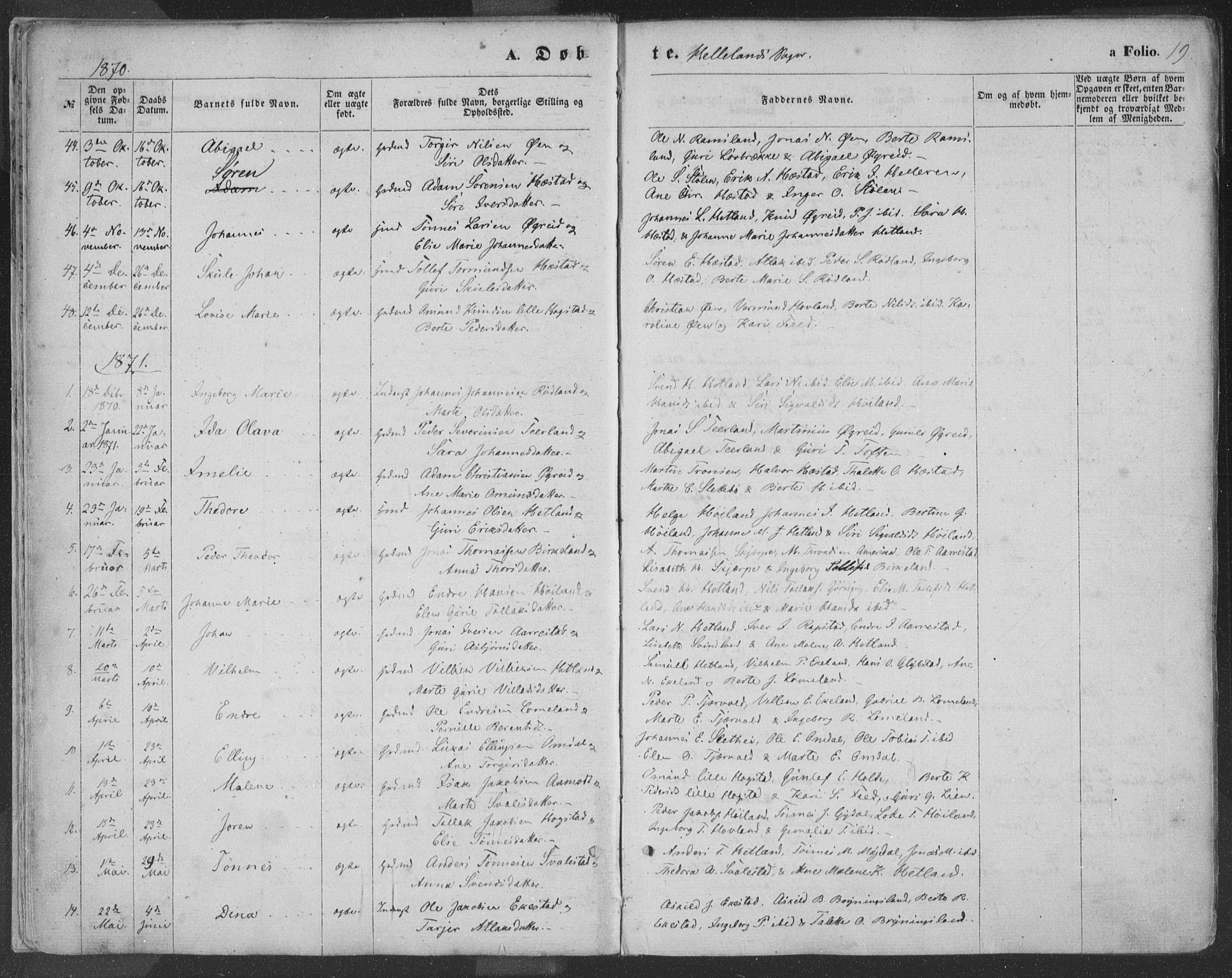 Helleland sokneprestkontor, AV/SAST-A-101810: Parish register (official) no. A 7.1, 1863-1886, p. 19