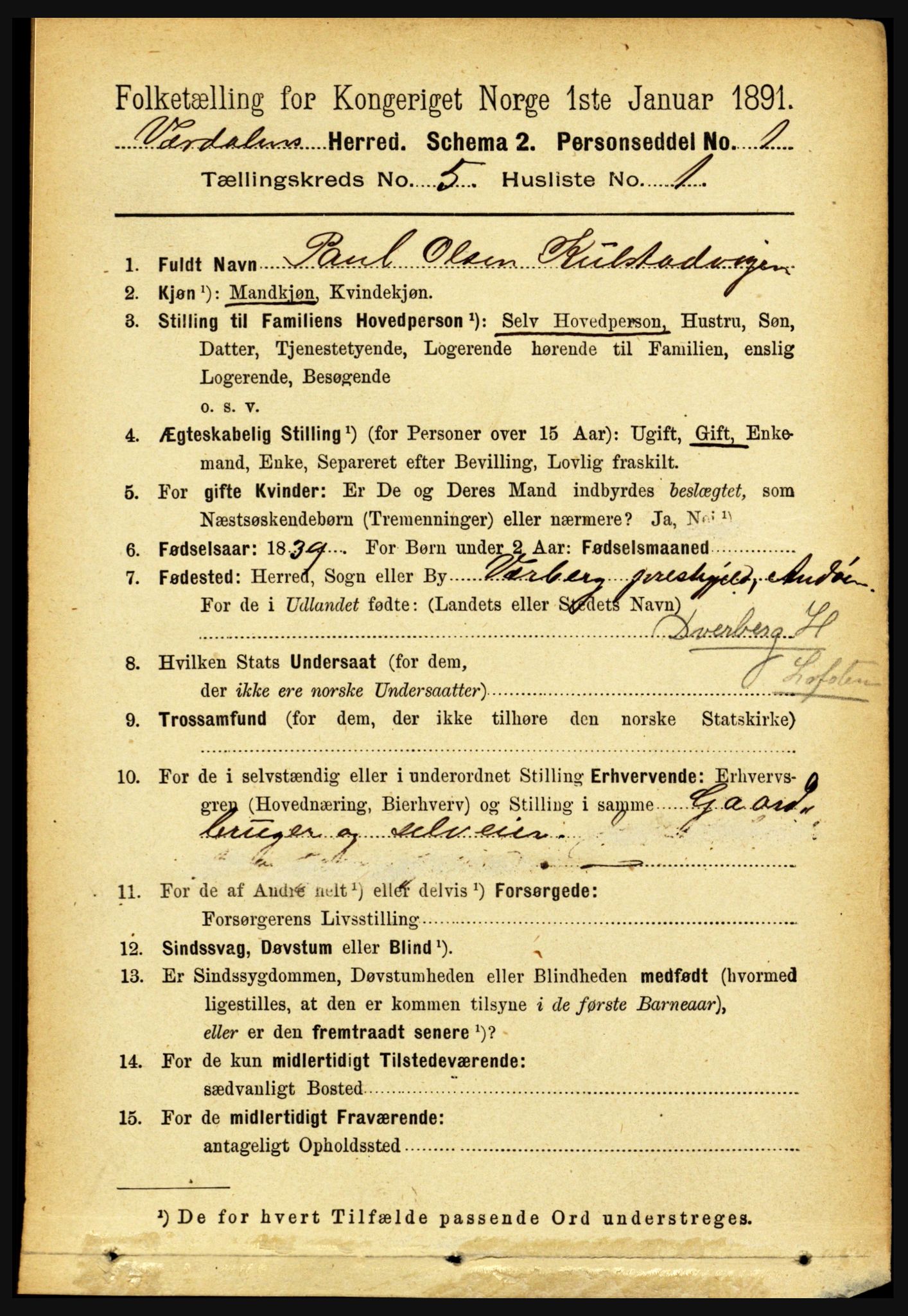 RA, 1891 census for 1721 Verdal, 1891, p. 2995