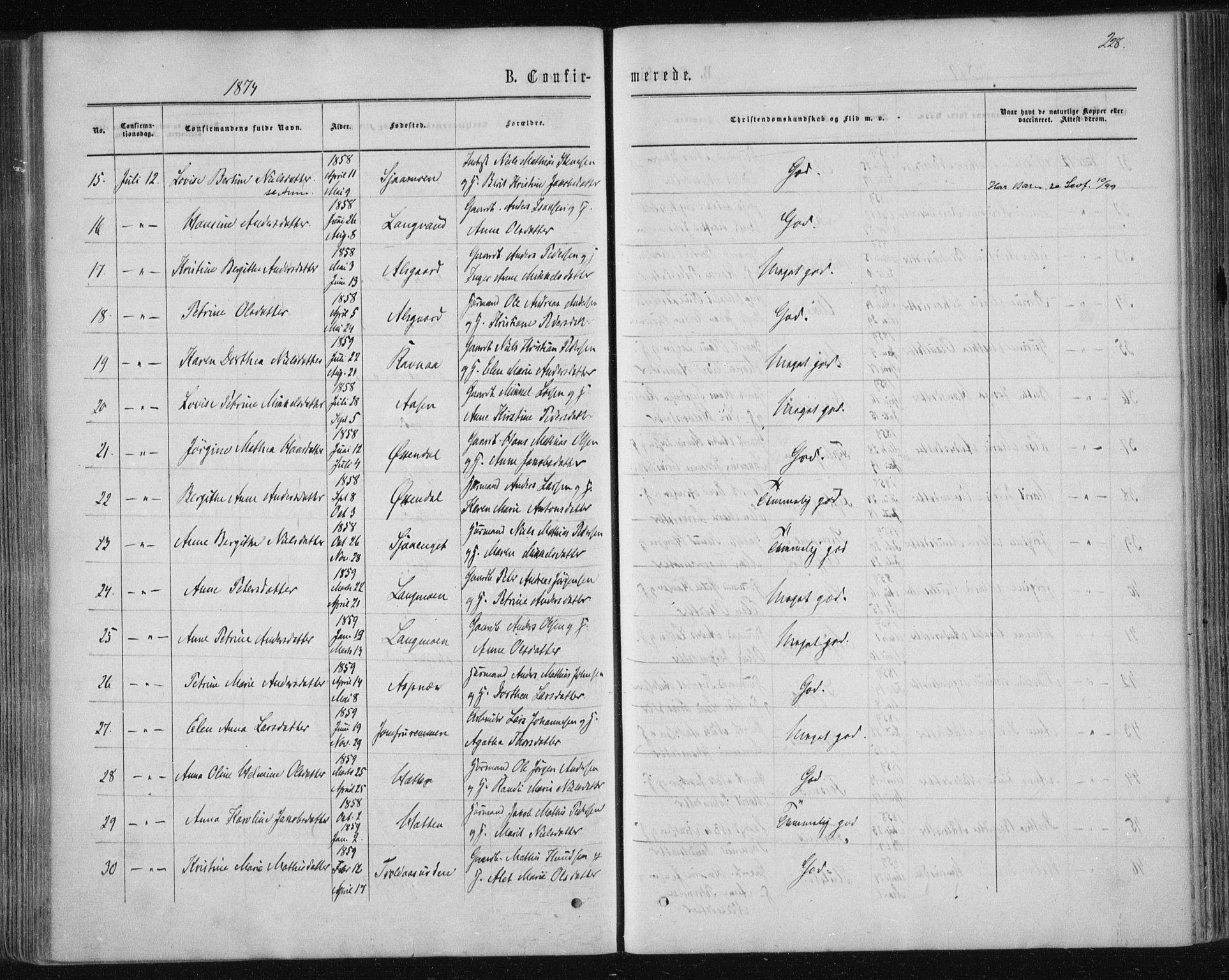 Ministerialprotokoller, klokkerbøker og fødselsregistre - Nordland, AV/SAT-A-1459/820/L0294: Parish register (official) no. 820A15, 1866-1879, p. 228