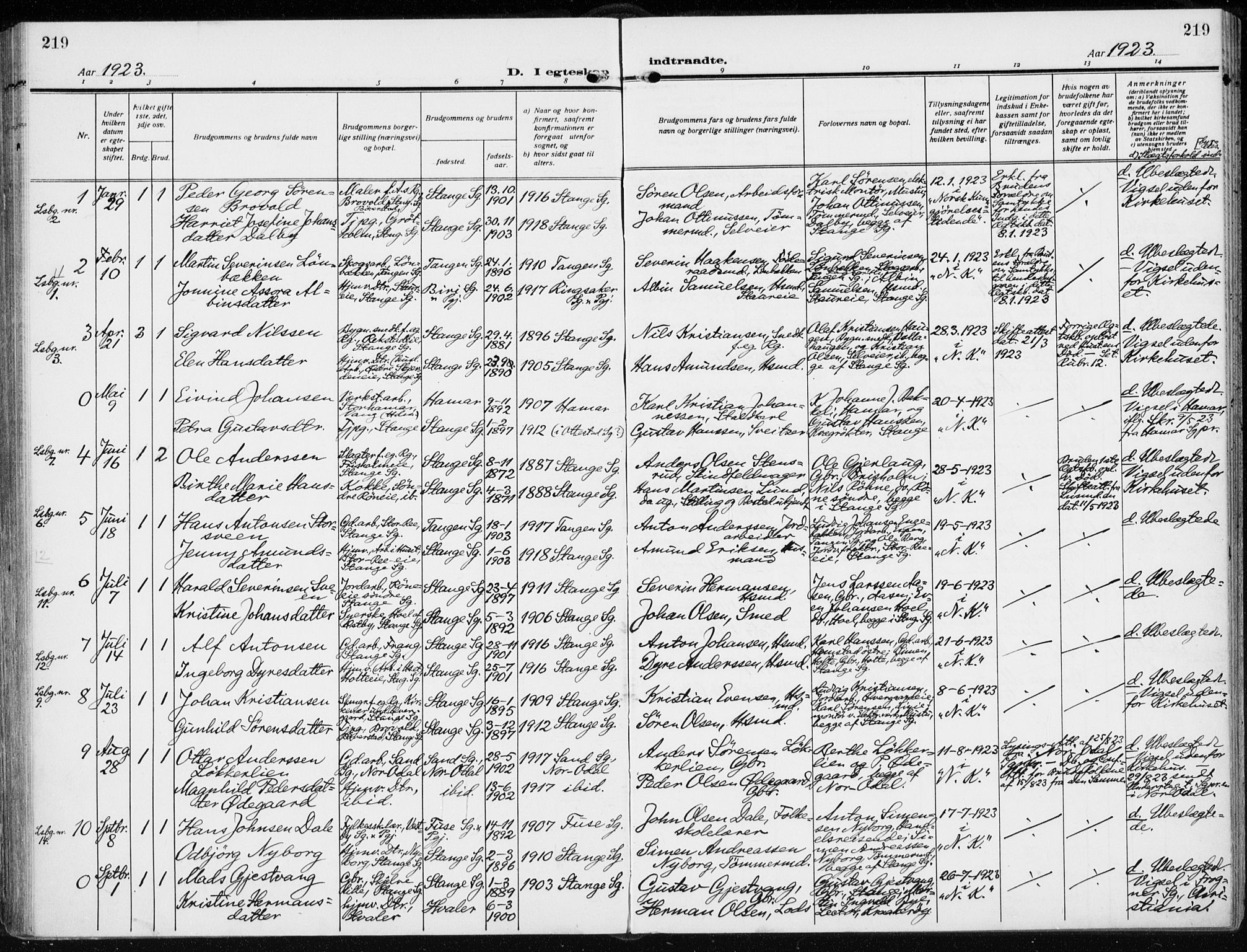 Stange prestekontor, AV/SAH-PREST-002/K/L0026: Parish register (official) no. 26, 1923-1937, p. 219