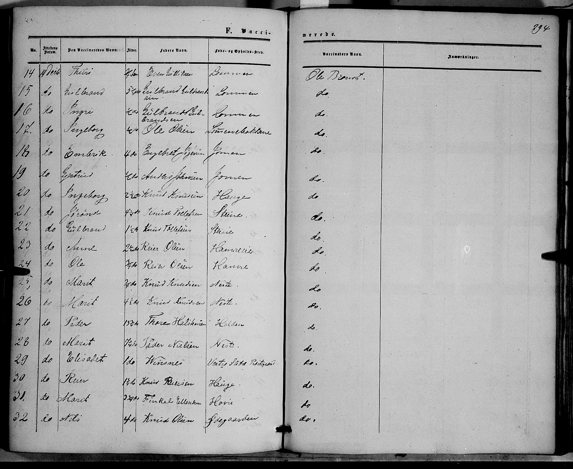 Vestre Slidre prestekontor, SAH/PREST-136/H/Ha/Haa/L0002: Parish register (official) no. 2, 1856-1864, p. 294