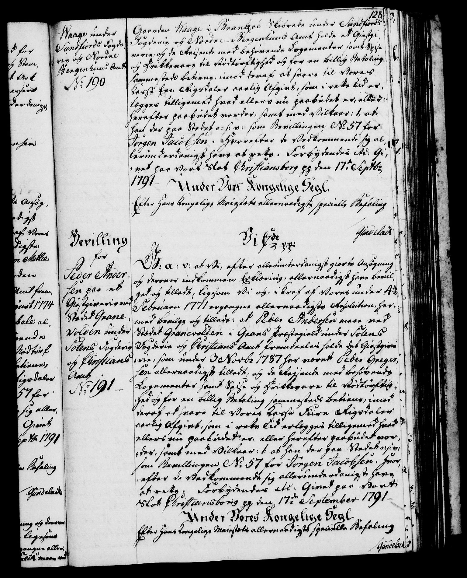 Rentekammeret, Kammerkanselliet, RA/EA-3111/G/Gg/Gga/L0015: Norsk ekspedisjonsprotokoll med register (merket RK 53.15), 1790-1791, p. 128