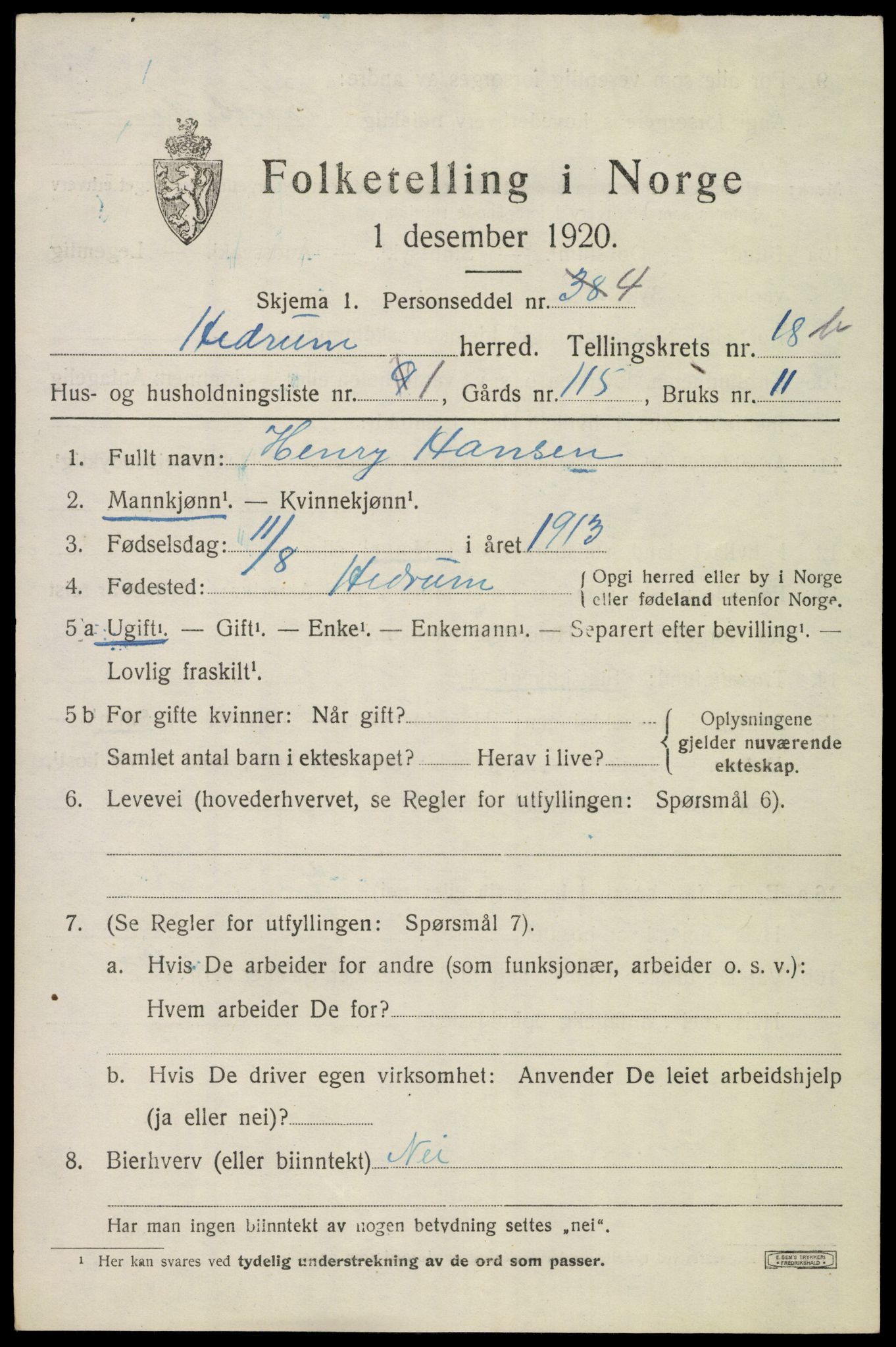 SAKO, 1920 census for Hedrum, 1920, p. 11015