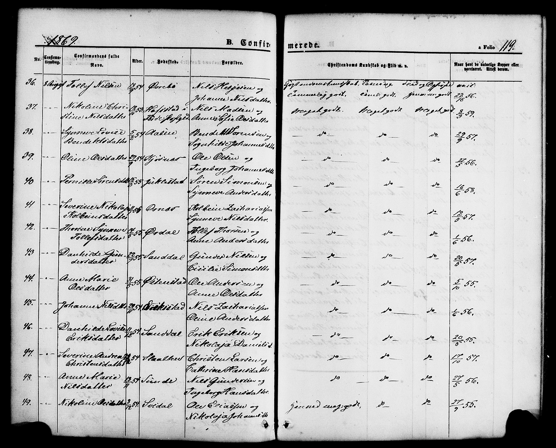 Jølster sokneprestembete, SAB/A-80701/H/Haa/Haaa/L0011: Parish register (official) no. A 11, 1866-1881, p. 119