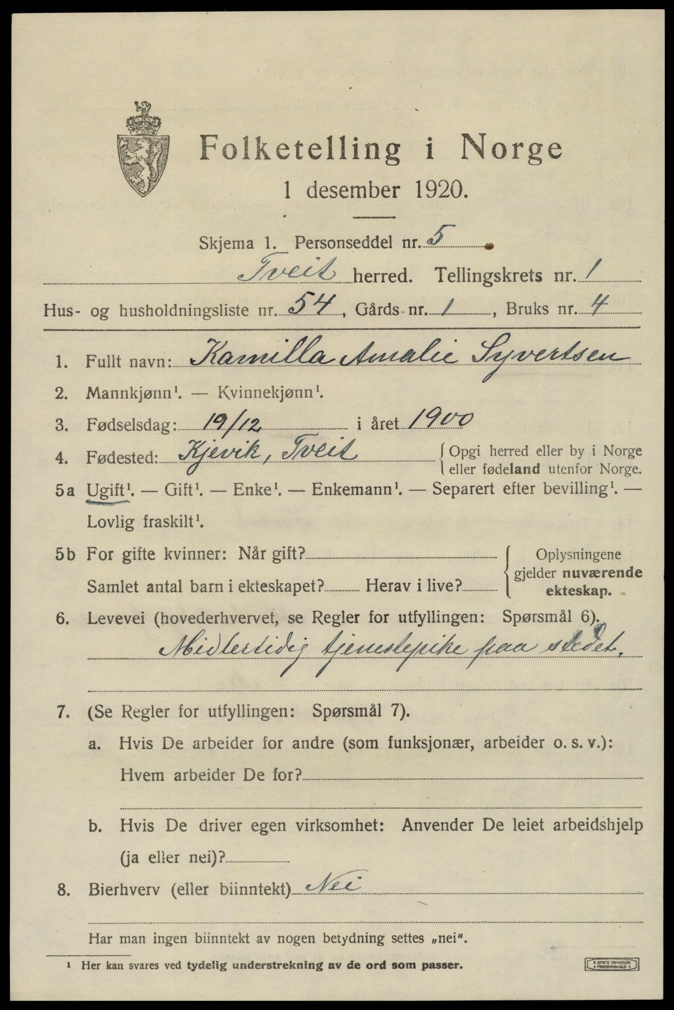 SAK, 1920 census for Tveit, 1920, p. 1220