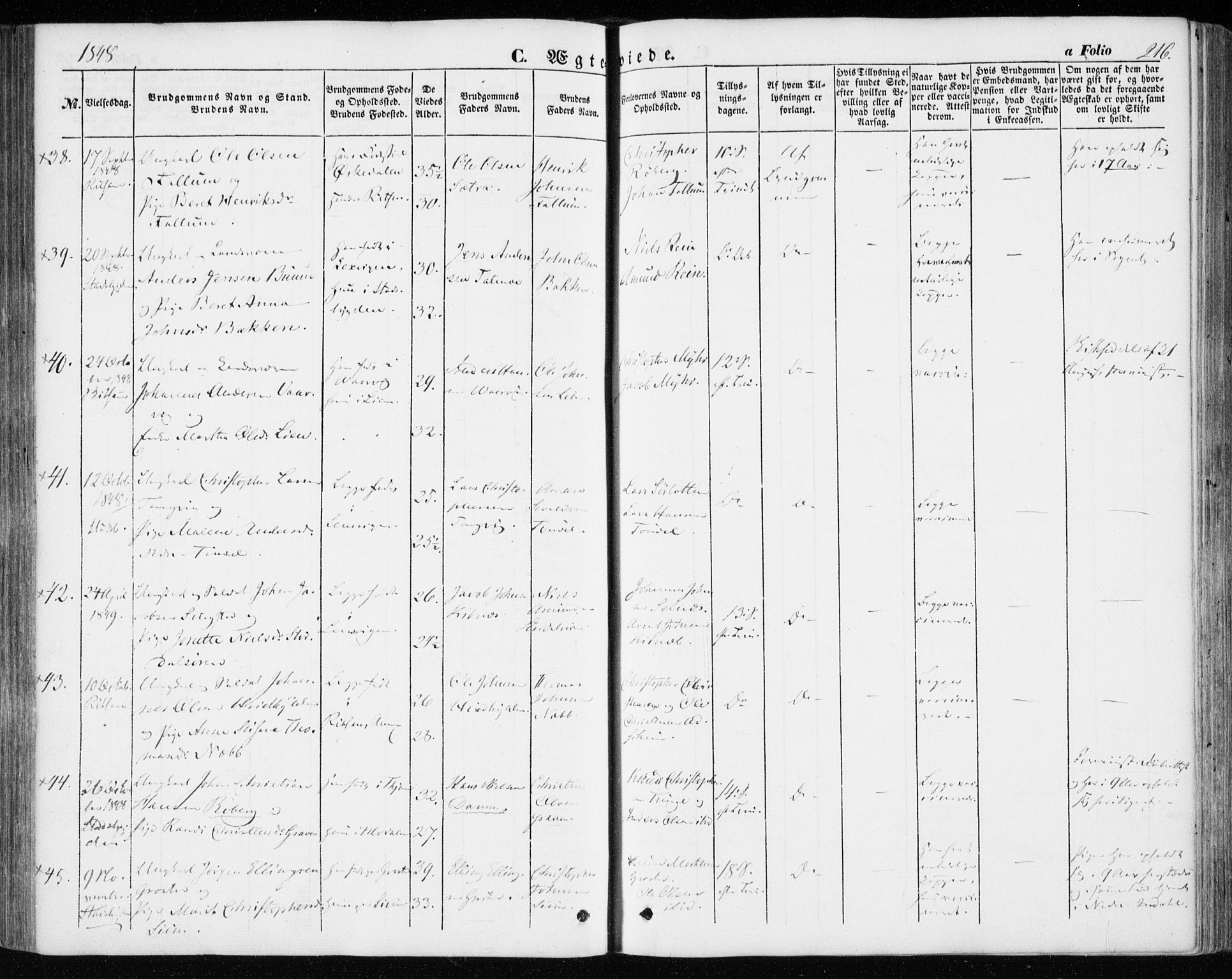 Ministerialprotokoller, klokkerbøker og fødselsregistre - Sør-Trøndelag, AV/SAT-A-1456/646/L0611: Parish register (official) no. 646A09, 1848-1857, p. 216