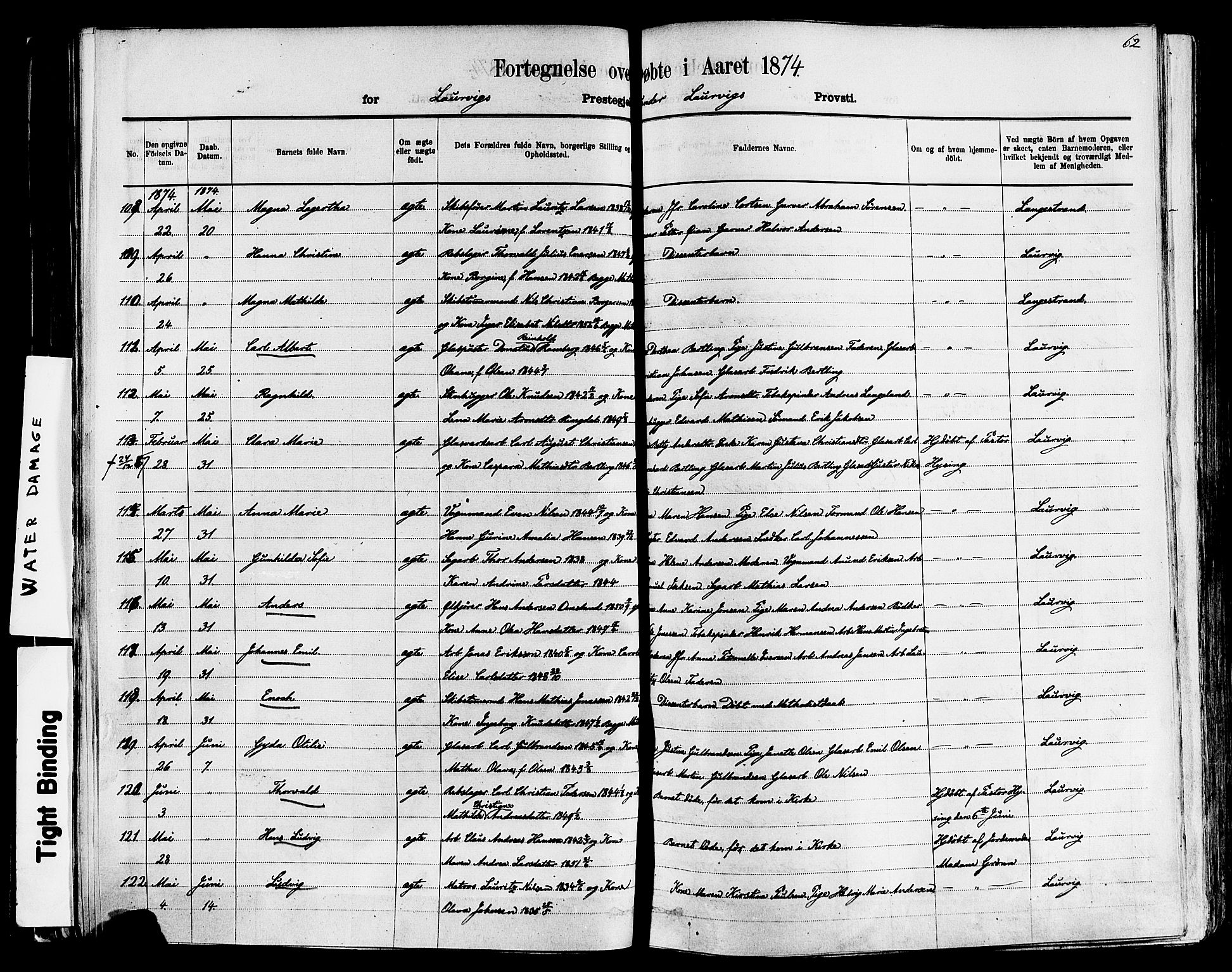 Larvik kirkebøker, AV/SAKO-A-352/F/Fa/L0006: Parish register (official) no. I 6, 1871-1883, p. 62