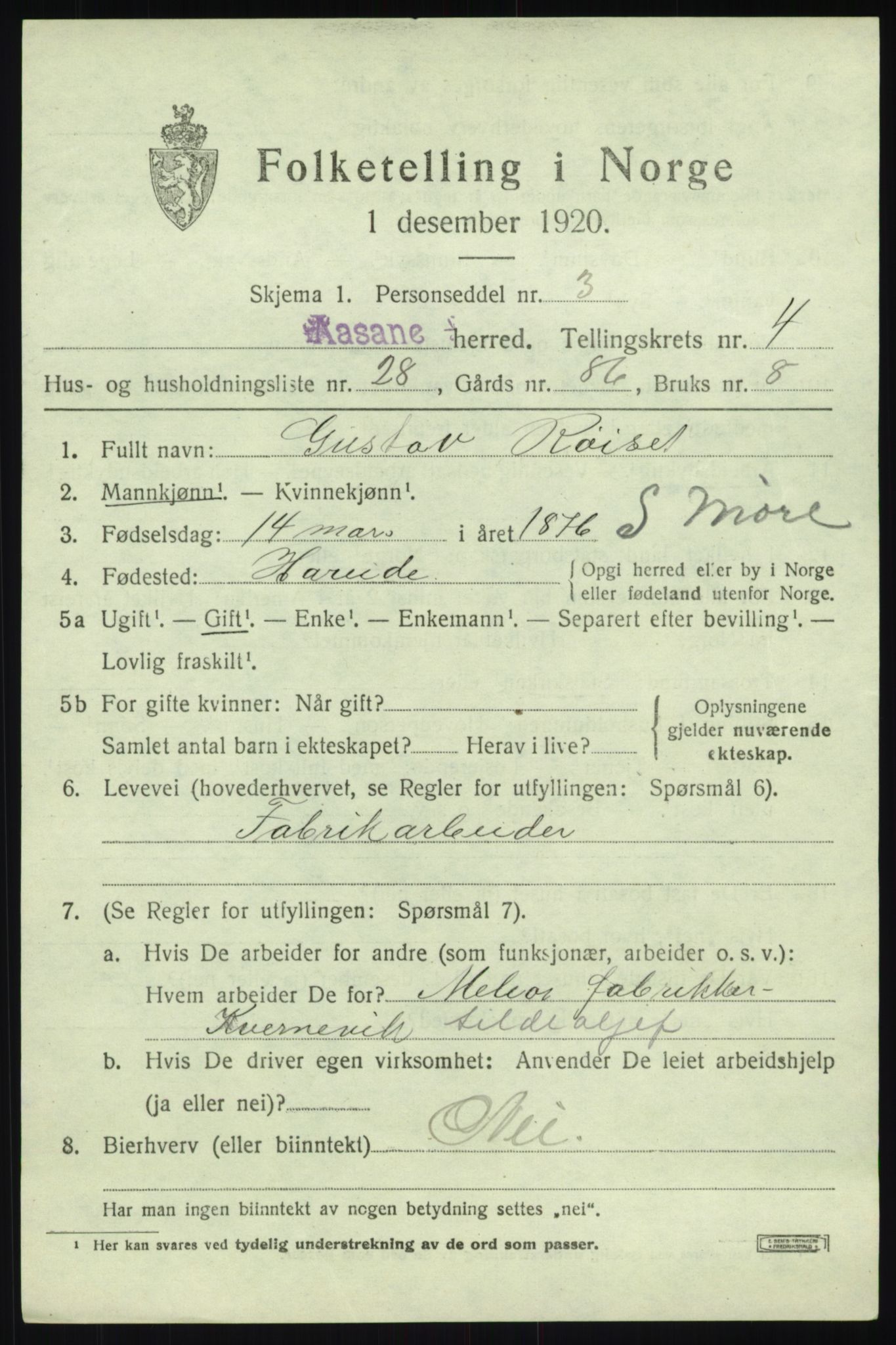 SAB, 1920 census for Åsane, 1920, p. 2837