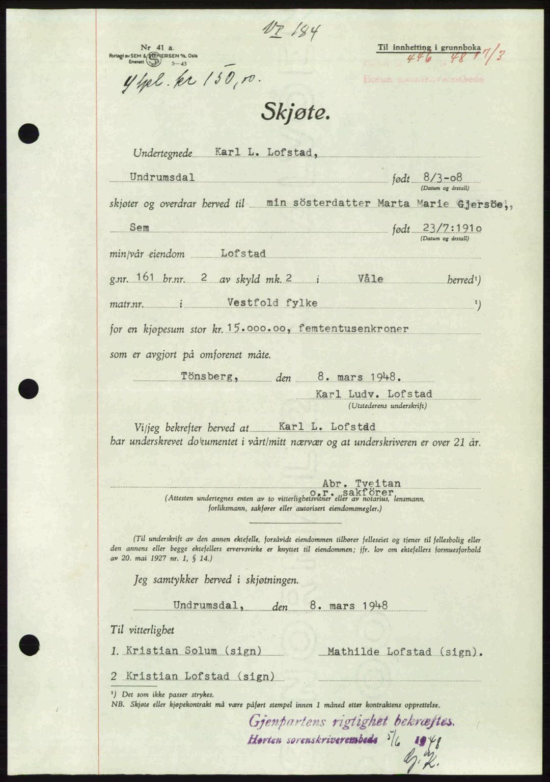 Horten sorenskriveri, AV/SAKO-A-133/G/Ga/Gaa/L0010: Mortgage book no. A-10, 1947-1948, Diary no: : 446/1948