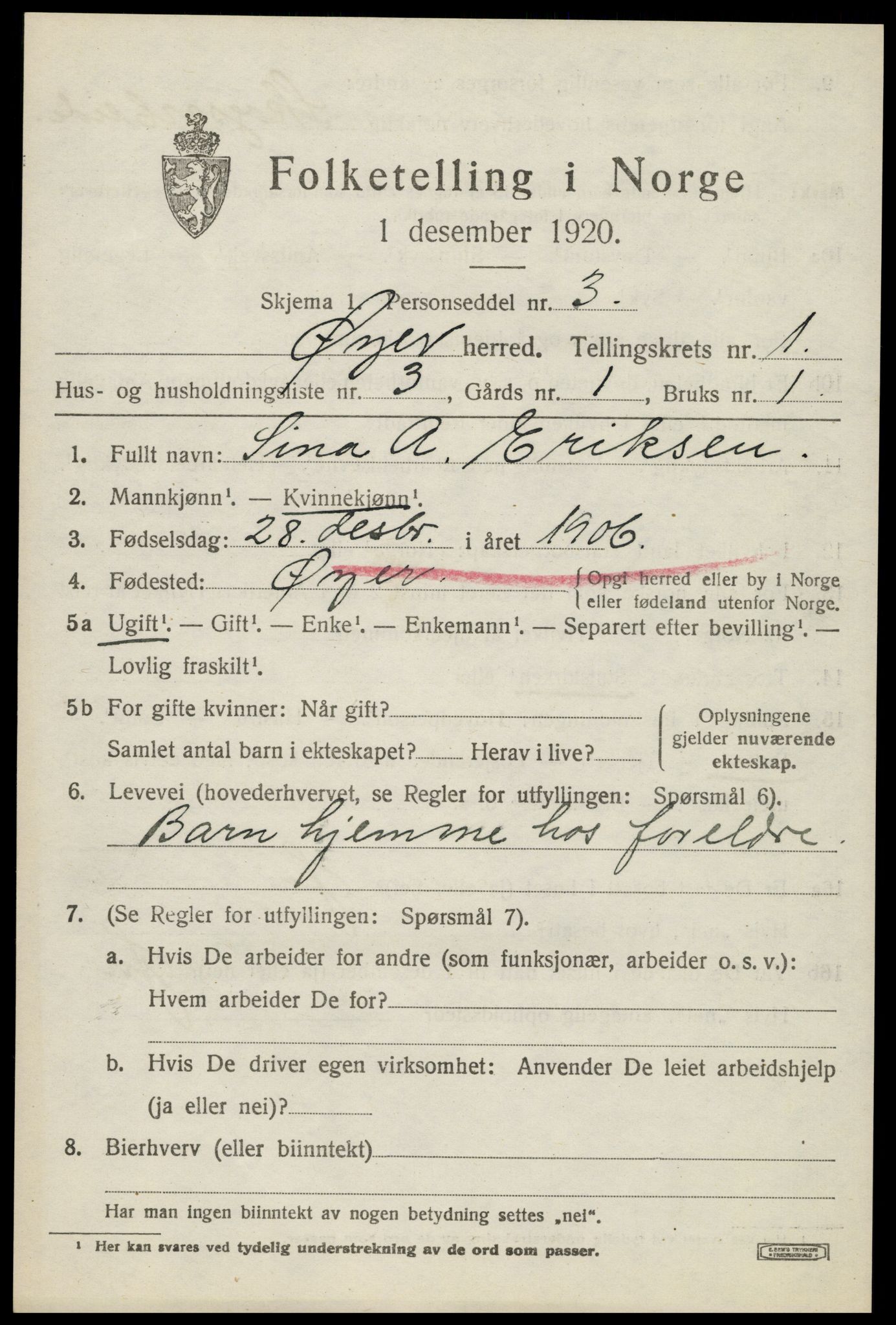 SAH, 1920 census for Øyer, 1920, p. 1231