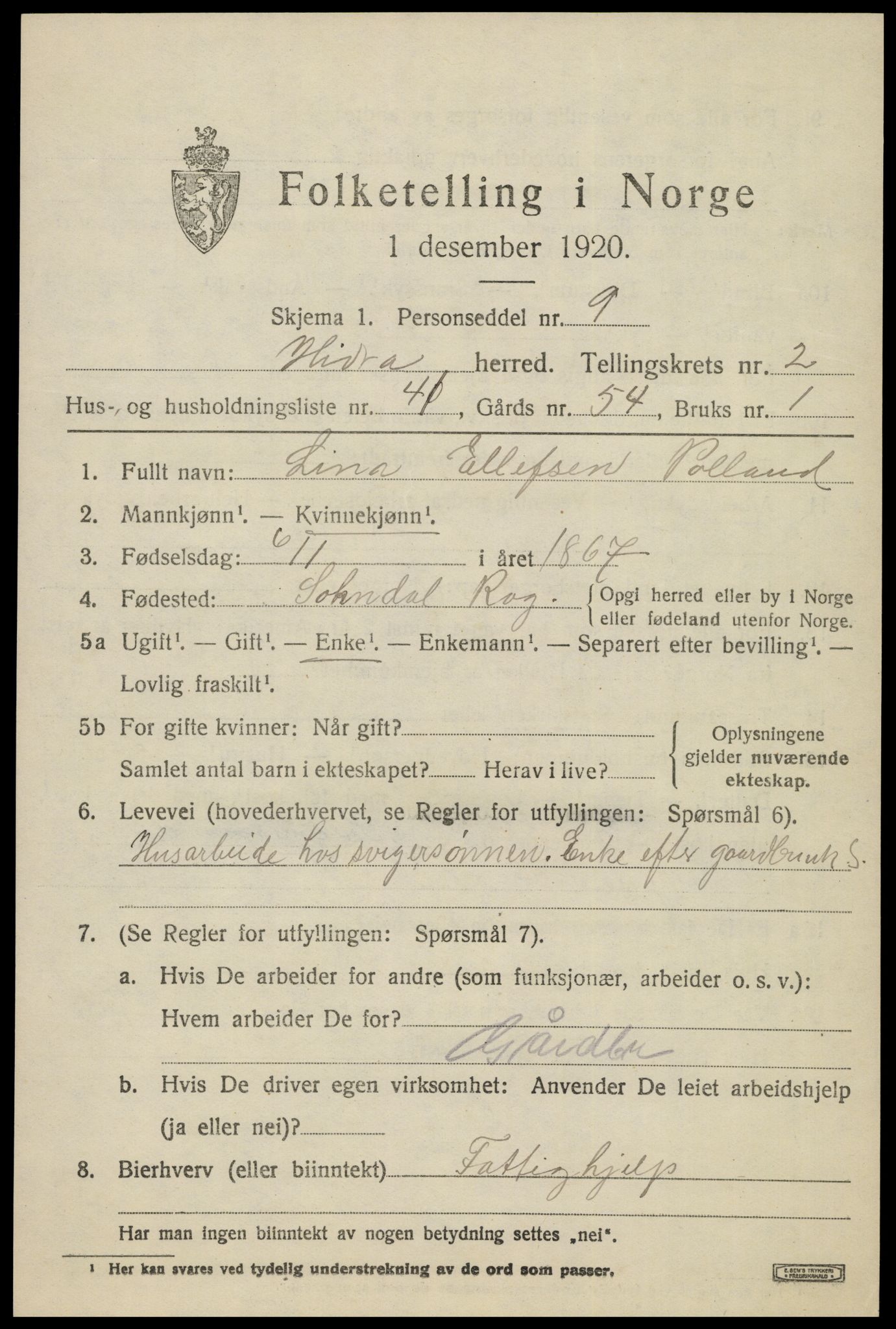 SAK, 1920 census for Hidra, 1920, p. 1534