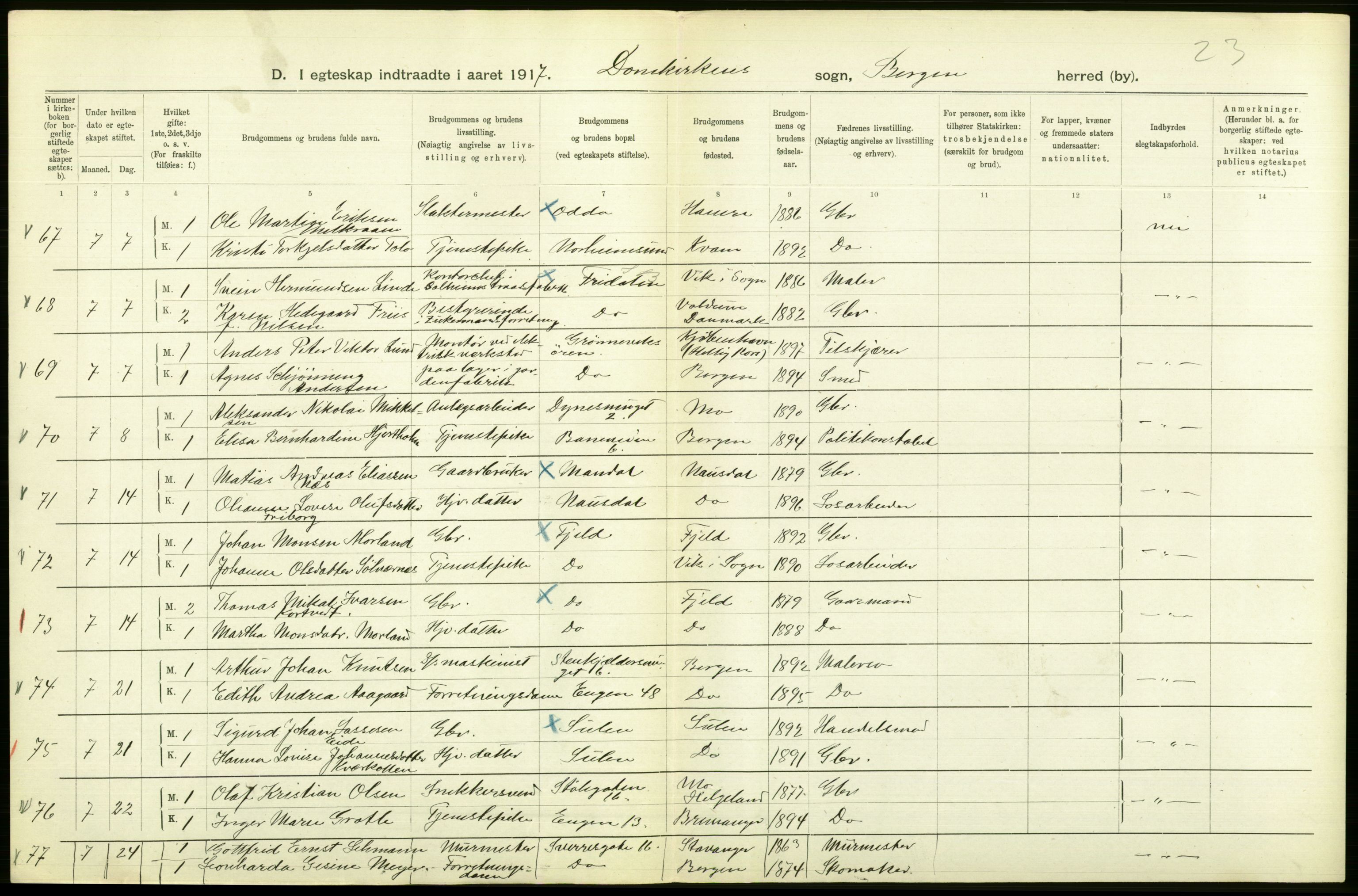 Statistisk sentralbyrå, Sosiodemografiske emner, Befolkning, AV/RA-S-2228/D/Df/Dfb/Dfbg/L0038: Bergen: Gifte, døde, dødfødte., 1917, p. 20