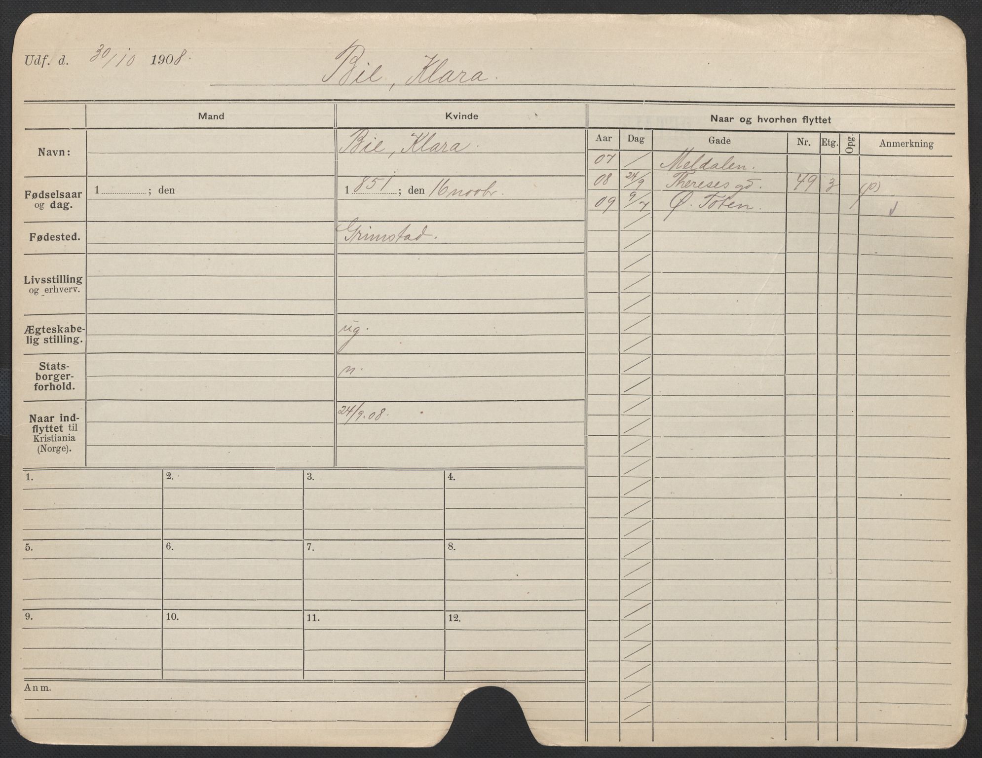 Oslo folkeregister, Registerkort, AV/SAO-A-11715/F/Fa/Fac/L0013: Kvinner, 1906-1914, p. 352a