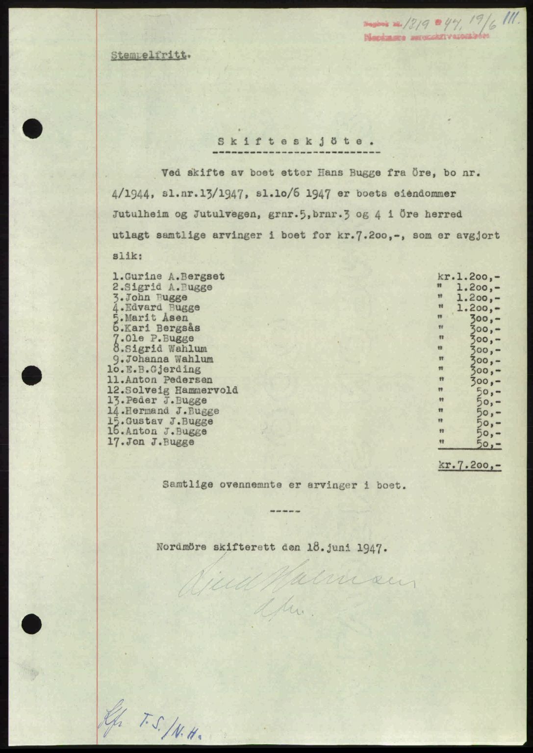 Nordmøre sorenskriveri, AV/SAT-A-4132/1/2/2Ca: Mortgage book no. A105, 1947-1947, Diary no: : 1319/1947