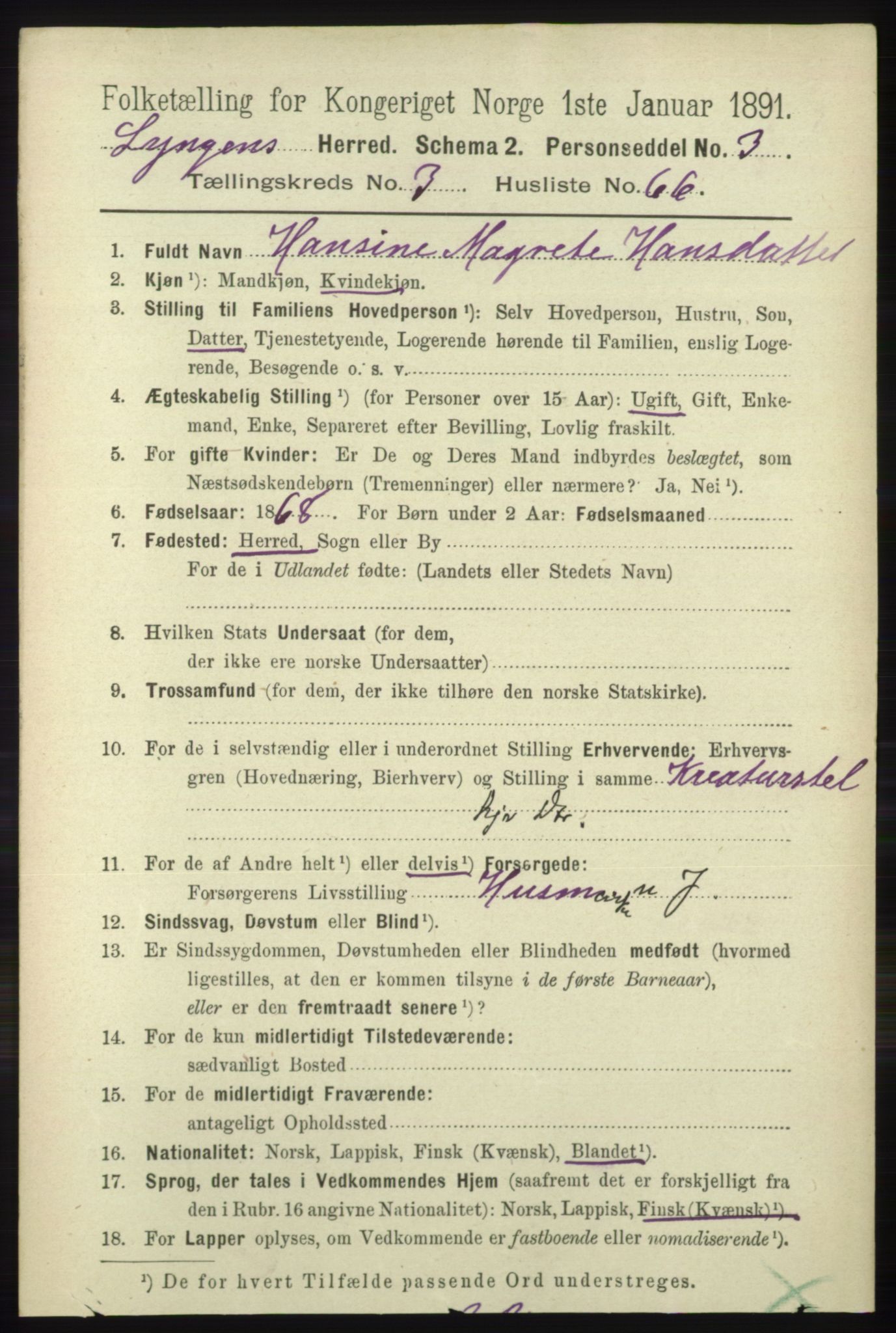 RA, 1891 census for 1938 Lyngen, 1891, p. 3581