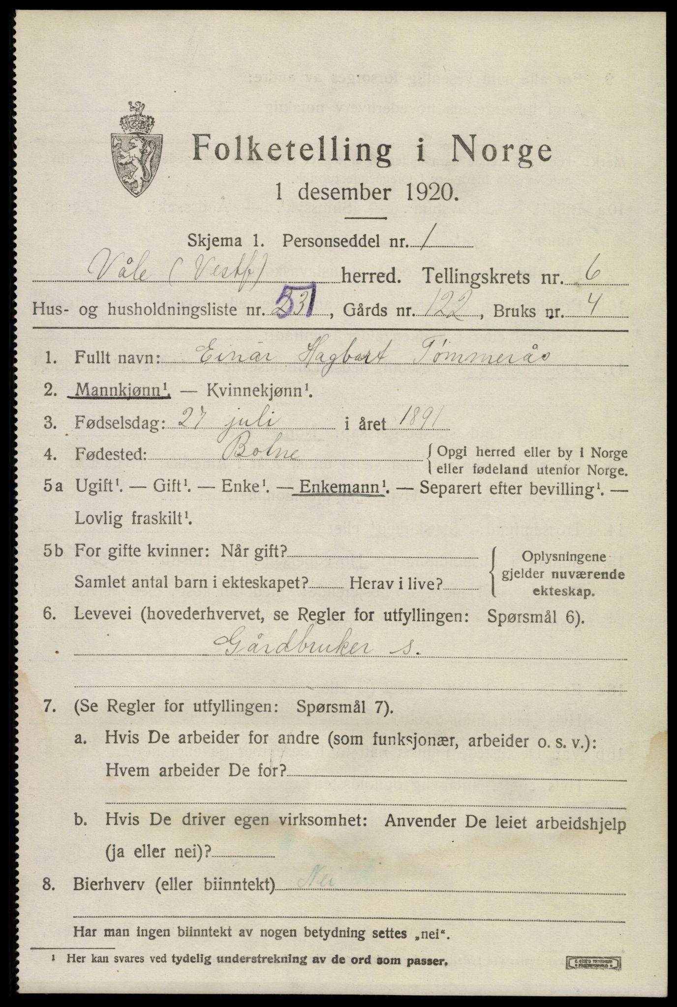 SAKO, 1920 census for Våle, 1920, p. 5472
