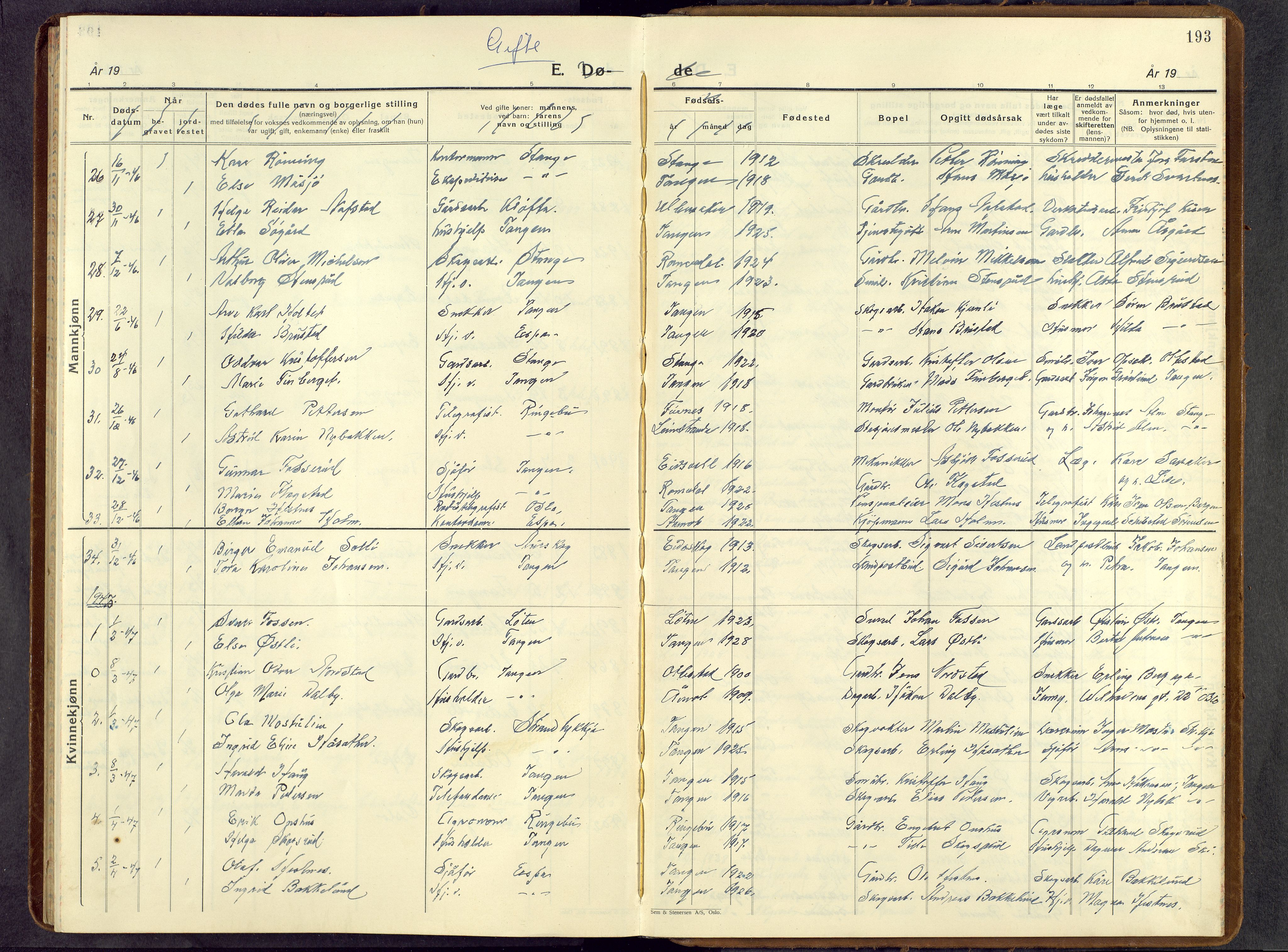 Stange prestekontor, SAH/PREST-002/L/L0021: Parish register (copy) no. 21, 1937-1962, p. 193