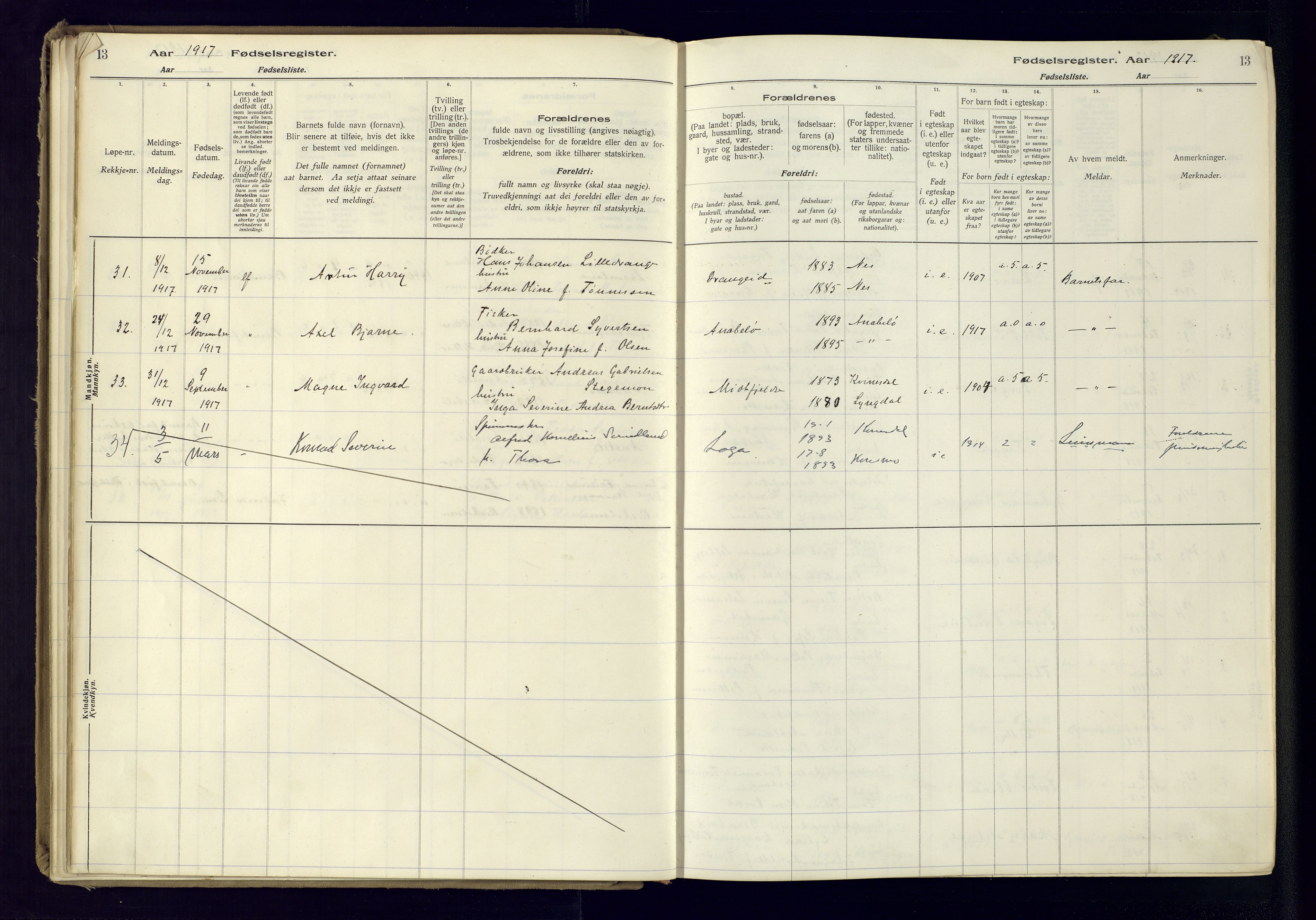 Flekkefjord sokneprestkontor, SAK/1111-0012/J/Ja/L0005: Birth register no. 5, 1916-1950, p. 13