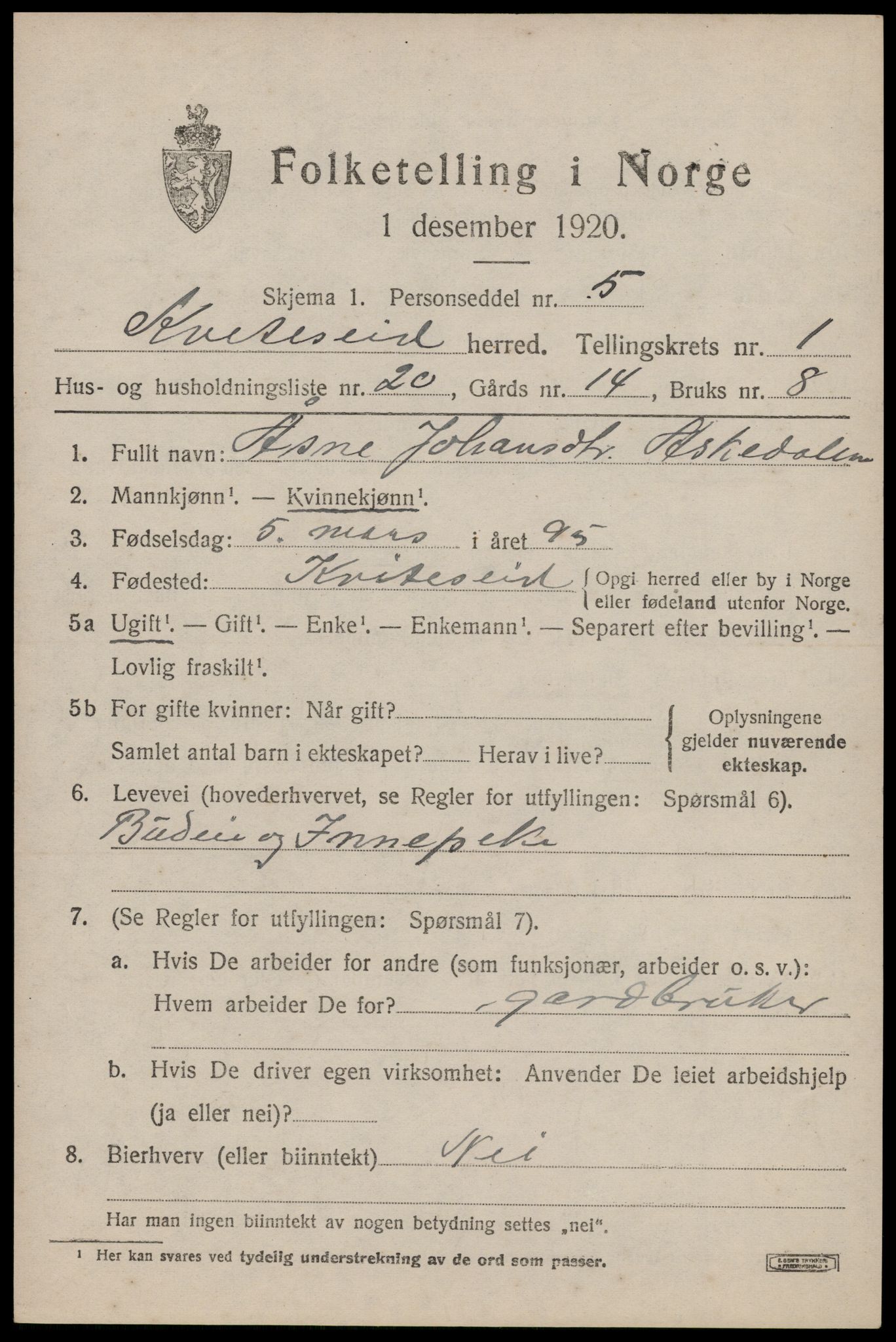 SAKO, 1920 census for Kviteseid, 1920, p. 1643