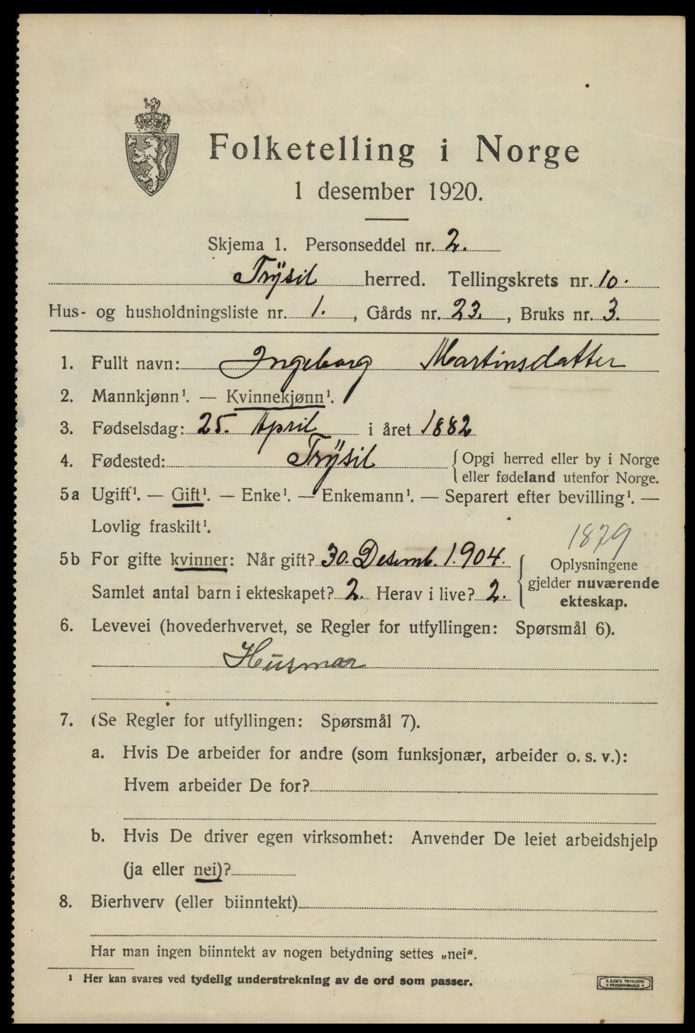 SAH, 1920 census for Trysil, 1920, p. 6865