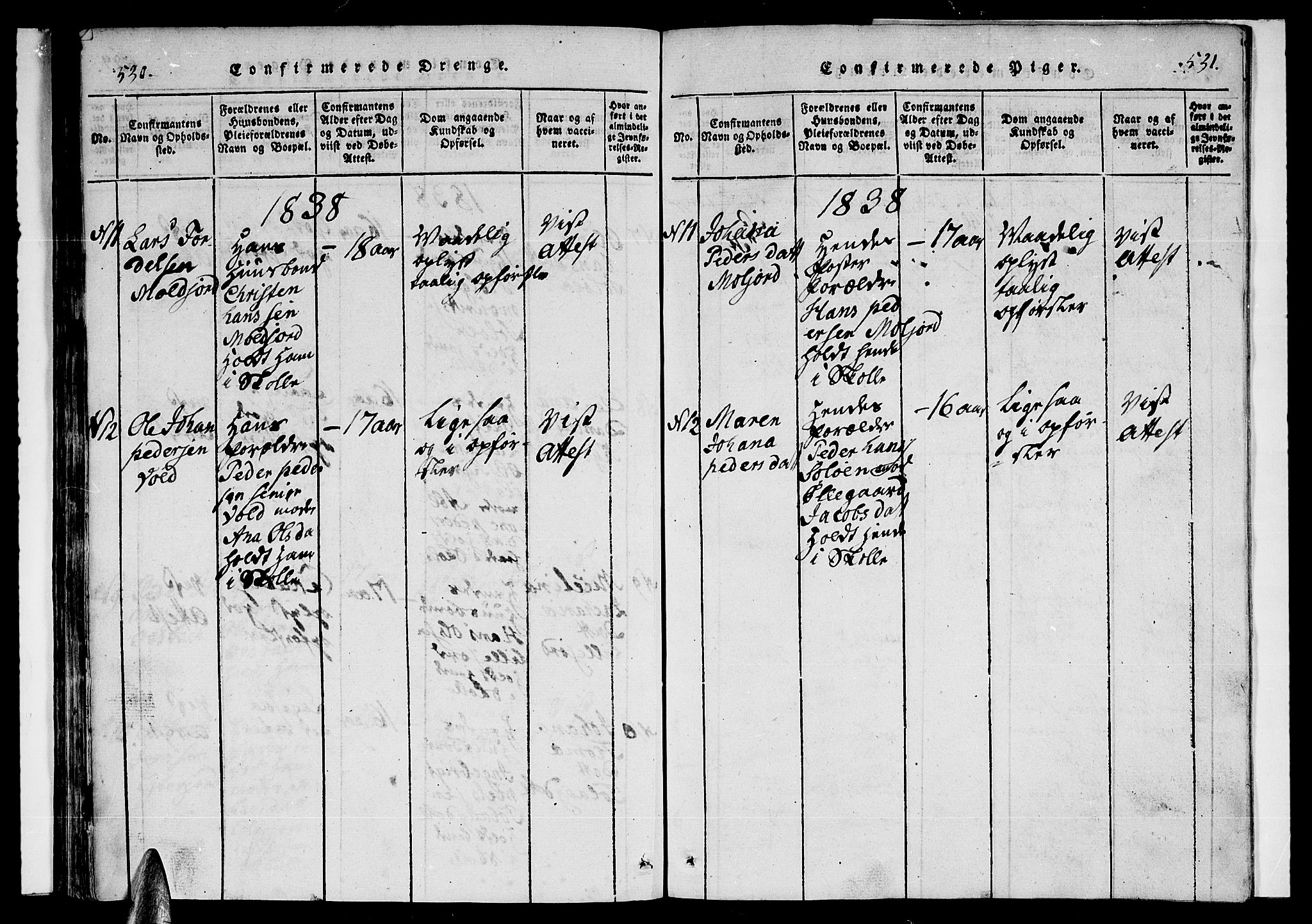 Ministerialprotokoller, klokkerbøker og fødselsregistre - Nordland, AV/SAT-A-1459/846/L0651: Parish register (copy) no. 846C01, 1821-1841, p. 530-531