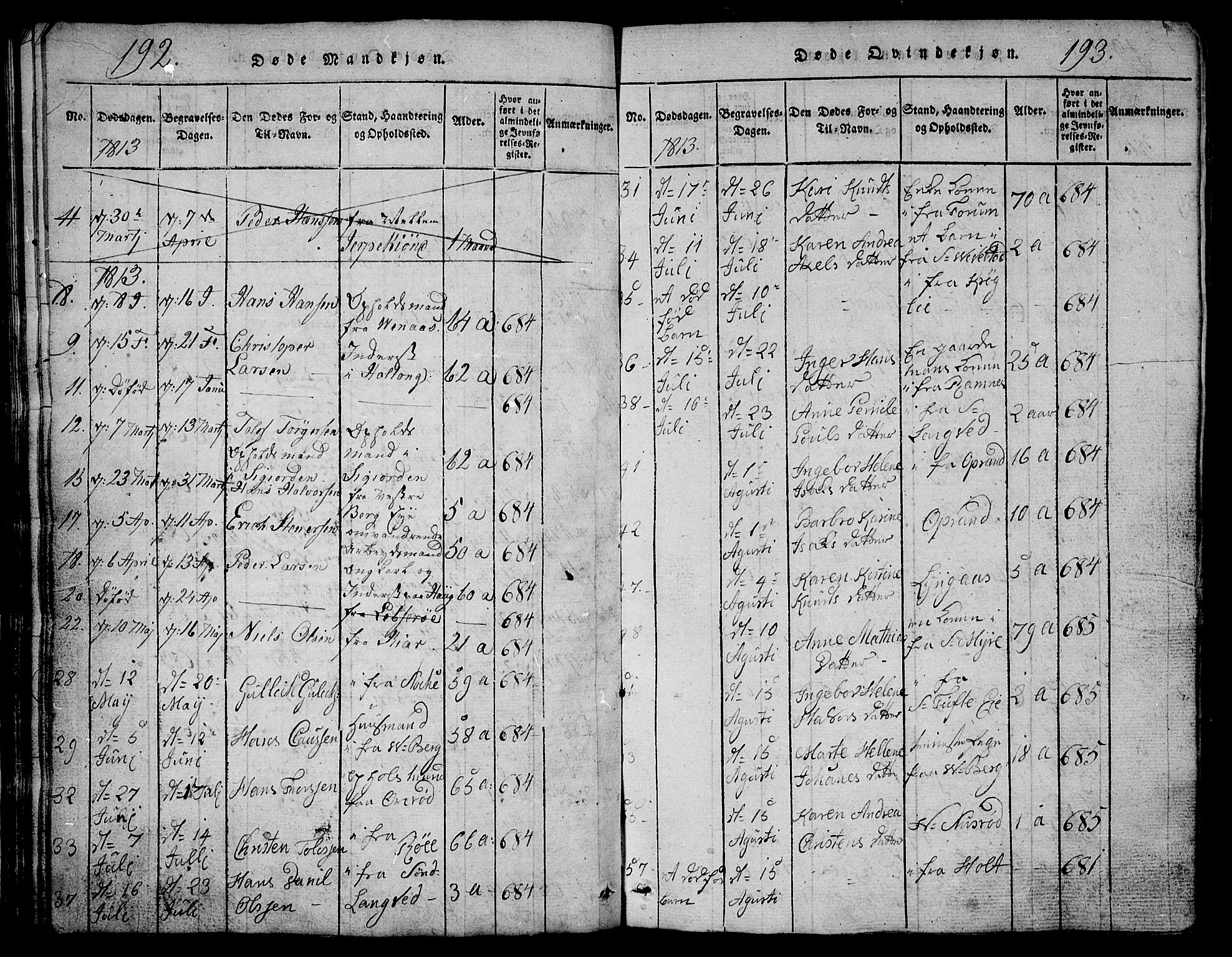 Ramnes kirkebøker, AV/SAKO-A-314/G/Ga/L0001: Parish register (copy) no. I 1, 1813-1847, p. 192-193