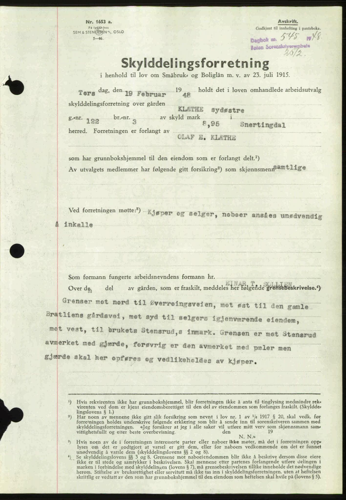 Toten tingrett, AV/SAH-TING-006/H/Hb/Hbc/L0019: Mortgage book no. Hbc-19, 1947-1948, Diary no: : 545/1948