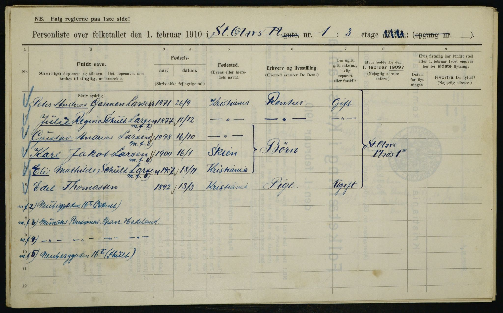 OBA, Municipal Census 1910 for Kristiania, 1910, p. 84445