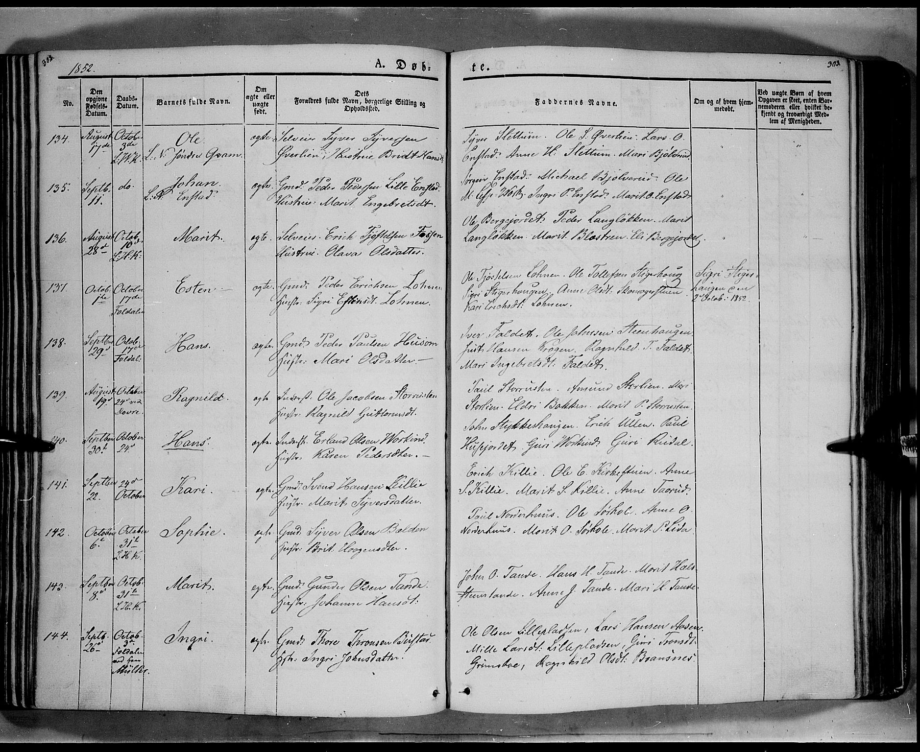 Lesja prestekontor, AV/SAH-PREST-068/H/Ha/Haa/L0006: Parish register (official) no. 6A, 1843-1854, p. 302-303