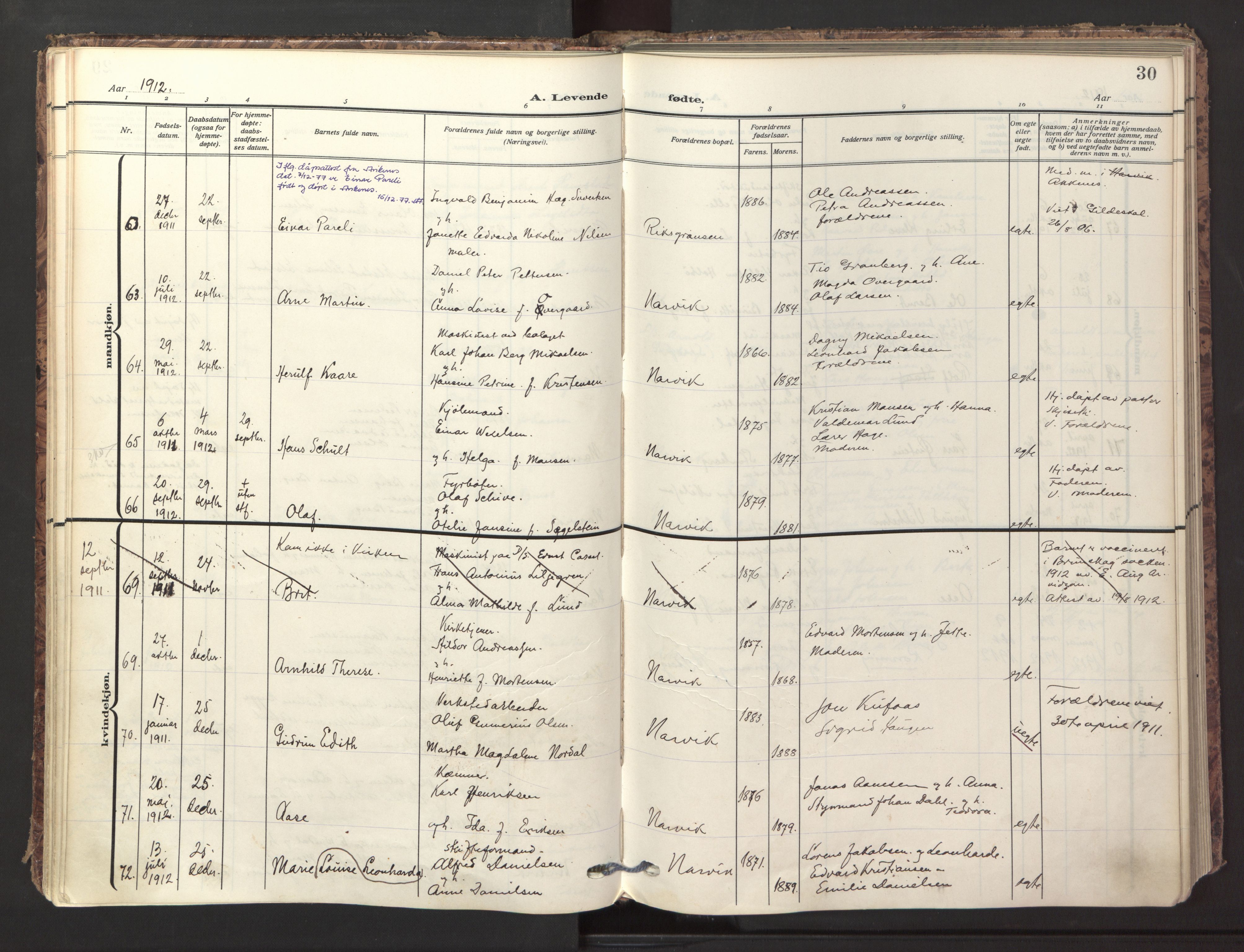 Ministerialprotokoller, klokkerbøker og fødselsregistre - Nordland, AV/SAT-A-1459/871/L1001: Parish register (official) no. 871A17, 1911-1921, p. 30