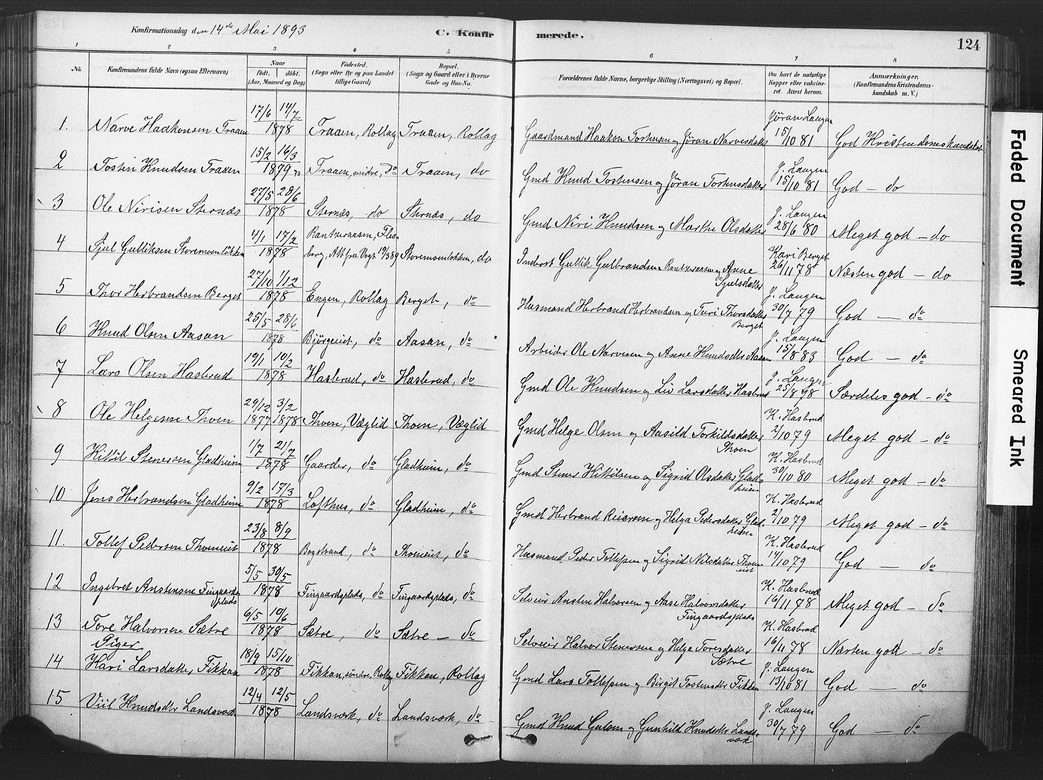 Rollag kirkebøker, SAKO/A-240/F/Fa/L0011: Parish register (official) no. I 11, 1878-1902, p. 124