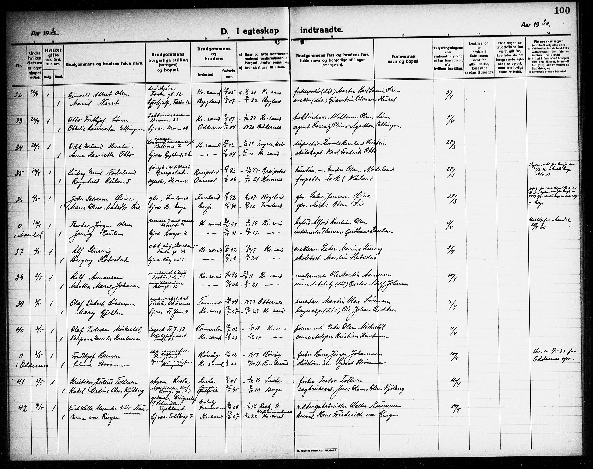 Kristiansand domprosti, AV/SAK-1112-0006/F/Fb/L0023: Parish register (copy) no. B 23, 1921-1937, p. 100