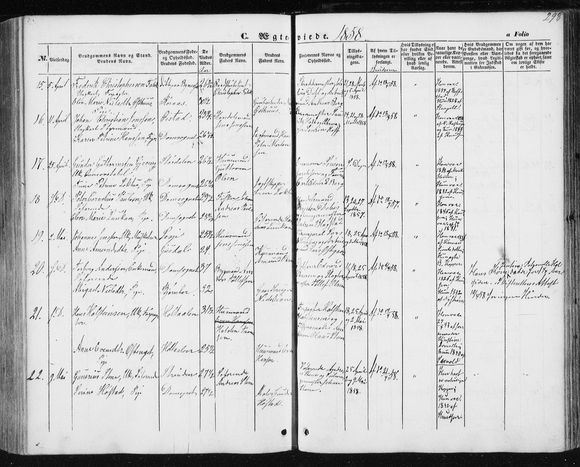 Ministerialprotokoller, klokkerbøker og fødselsregistre - Sør-Trøndelag, AV/SAT-A-1456/602/L0112: Parish register (official) no. 602A10, 1848-1859, p. 298