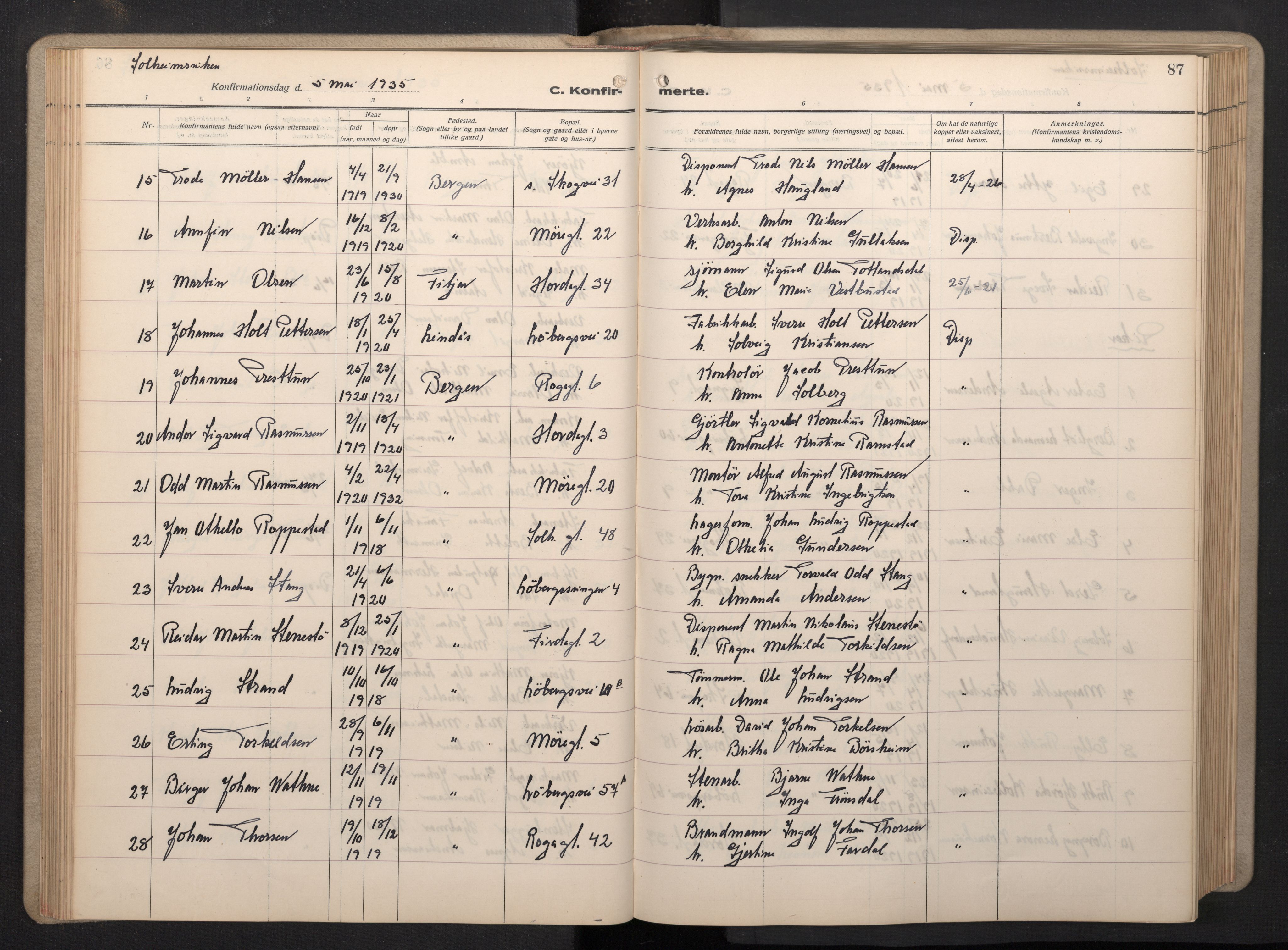 Årstad Sokneprestembete, AV/SAB-A-79301/H/Hab/L0015: Parish register (copy) no. B 5, 1932-1945, p. 86b-87a