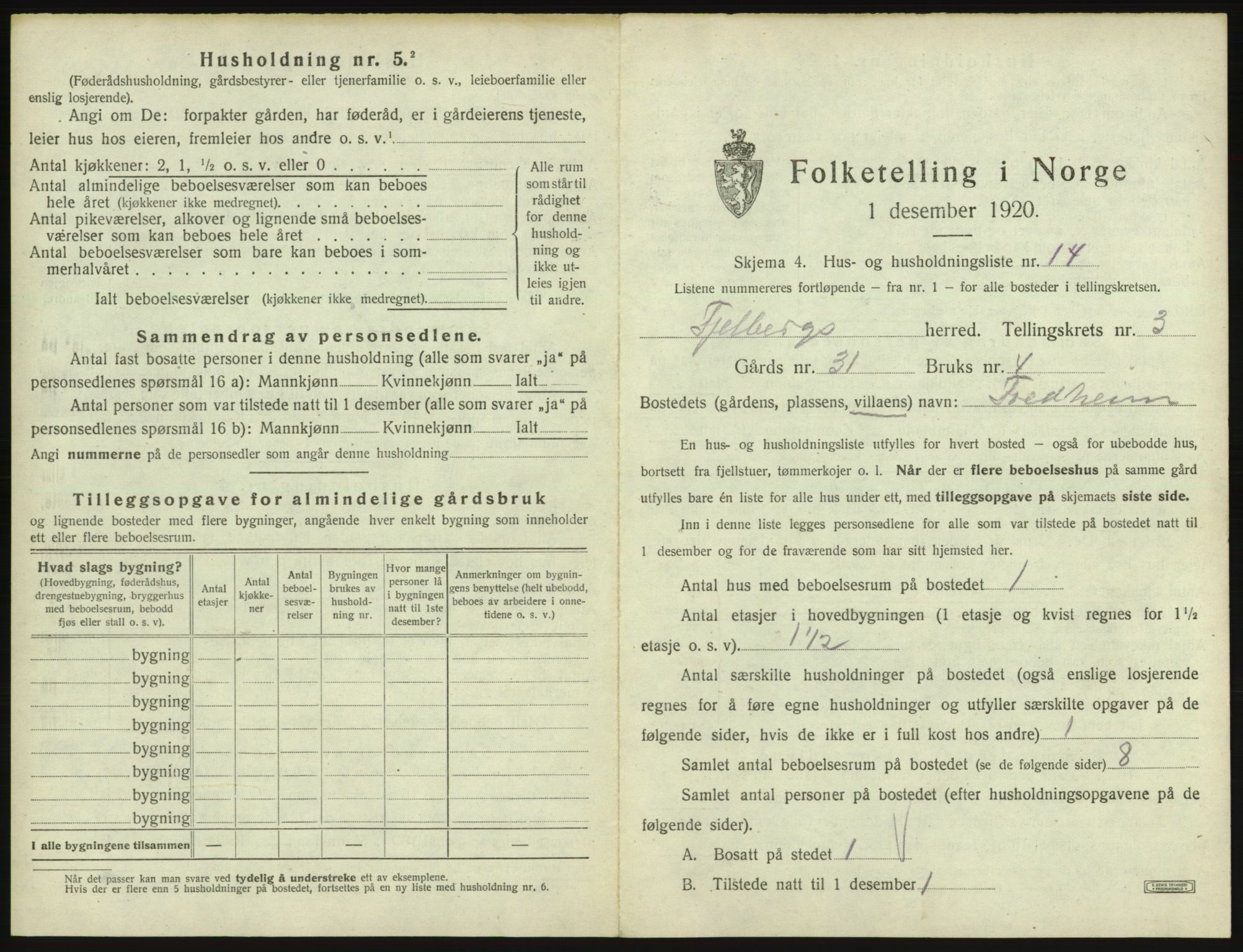 SAB, 1920 census for Fjelberg, 1920, p. 151