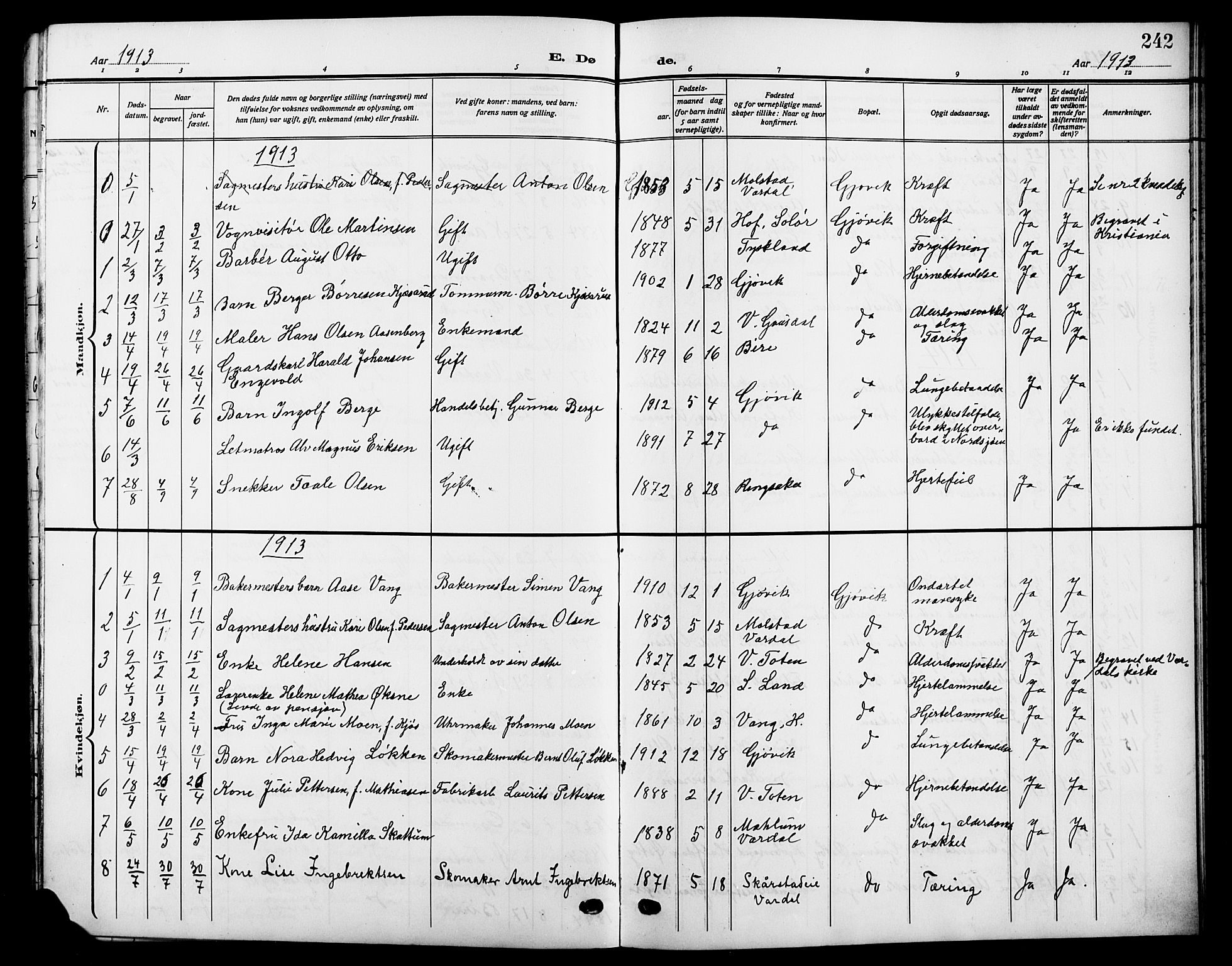 Vardal prestekontor, SAH/PREST-100/H/Ha/Hab/L0014: Parish register (copy) no. 14, 1911-1922, p. 242