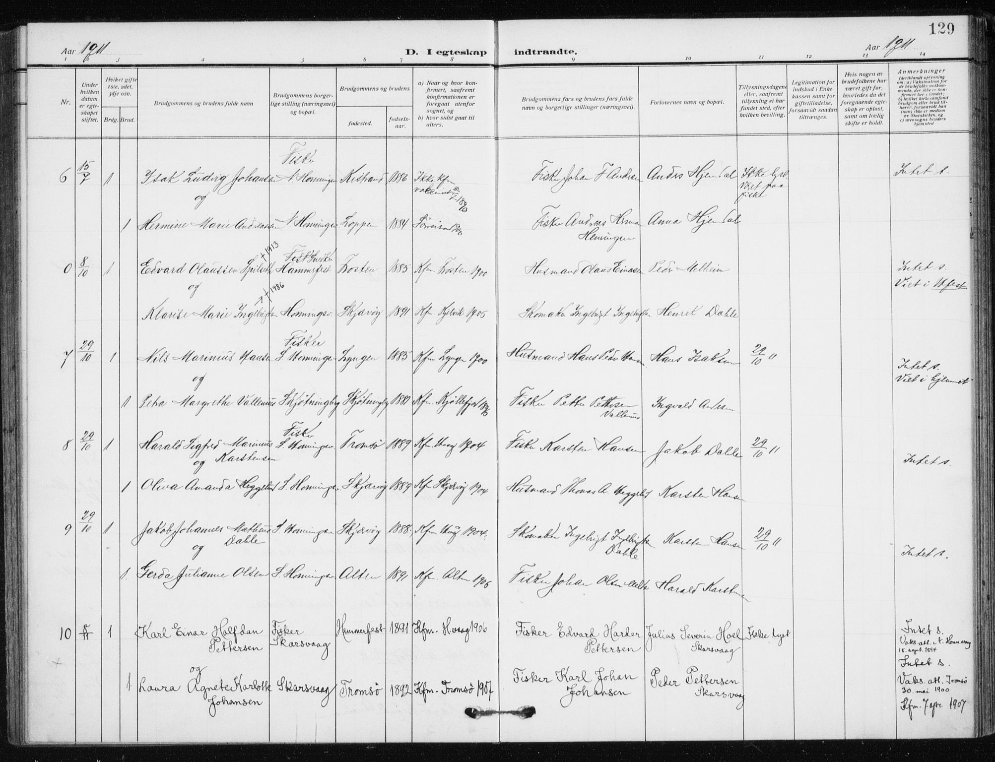 Kjelvik/Nordkapp sokneprestkontor, SATØ/S-1350/H/Ha/L0001kirke: Parish register (official) no. 1, 1911-1919, p. 129