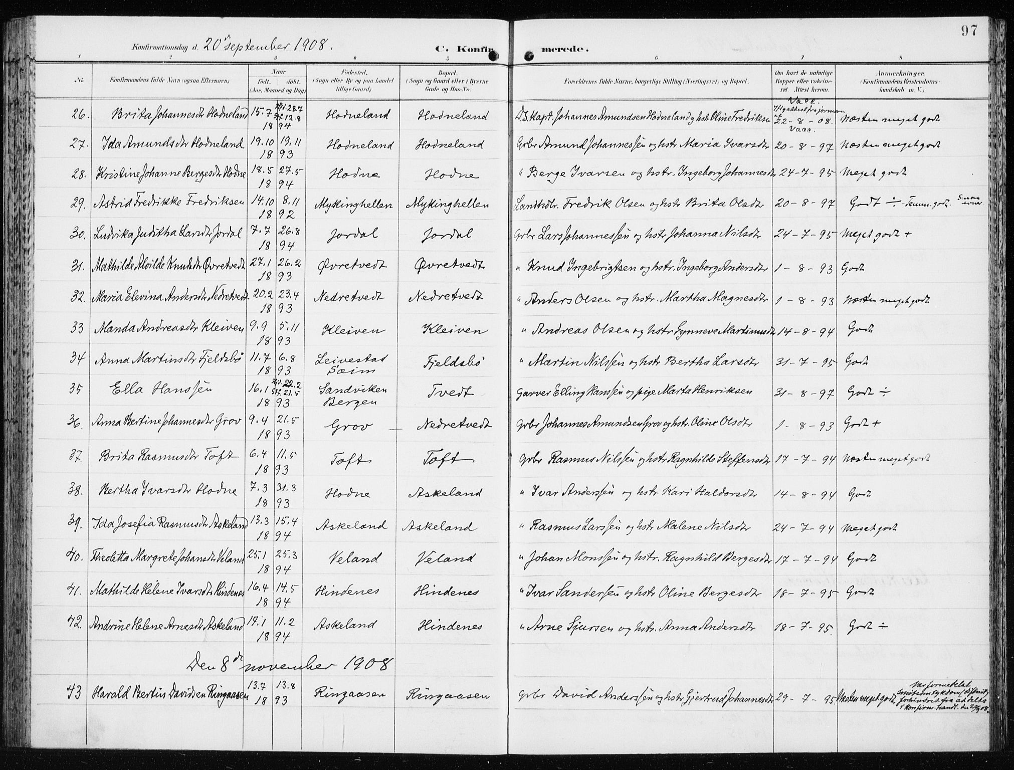 Lindås Sokneprestembete, AV/SAB-A-76701/H/Haa/Haaf/L0002: Parish register (official) no. F  2, 1897-1909, p. 97