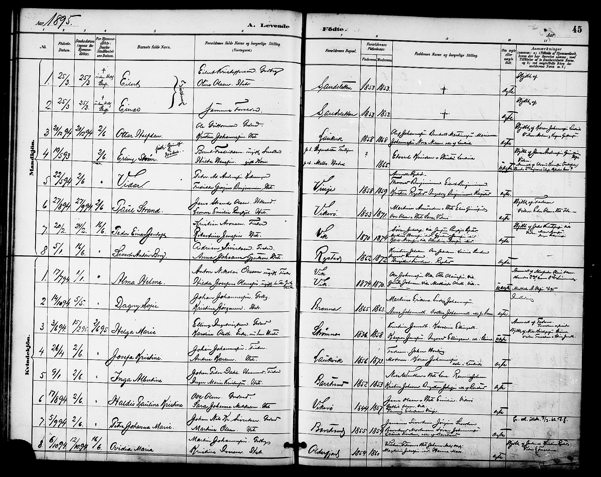 Ministerialprotokoller, klokkerbøker og fødselsregistre - Nordland, SAT/A-1459/876/L1097: Parish register (official) no. 876A03, 1886-1896, p. 45